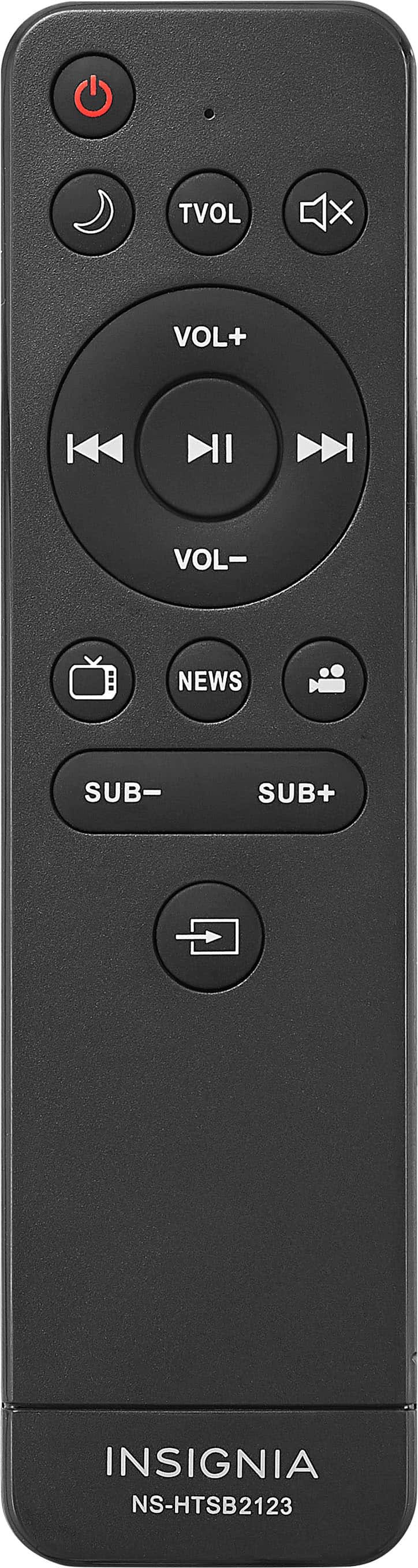The largest text reads "Insignia." The remote control has a black color and features a volume control, a play button, and a subtitle button.
