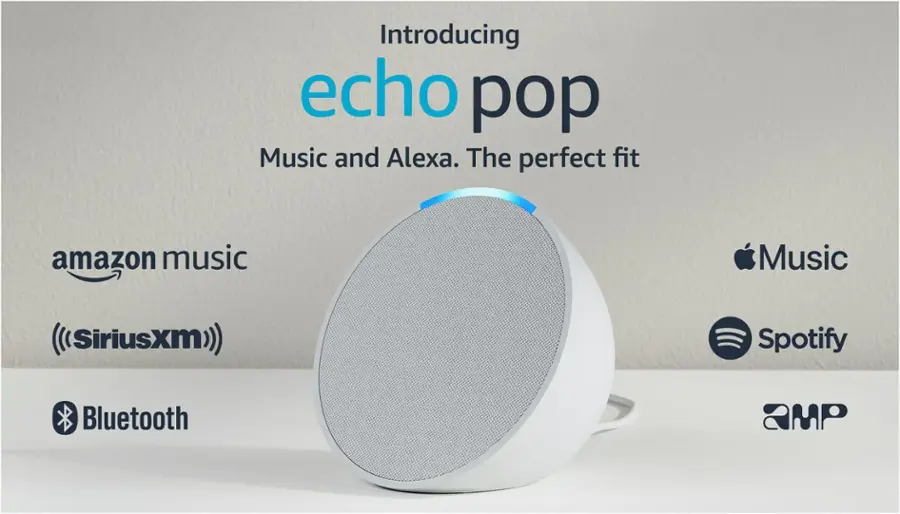 Introducing echo pop, the perfect fit for music and Alexa. It features Amazon Music, SiriusXM, Spotify, Bluetooth, and AMP.