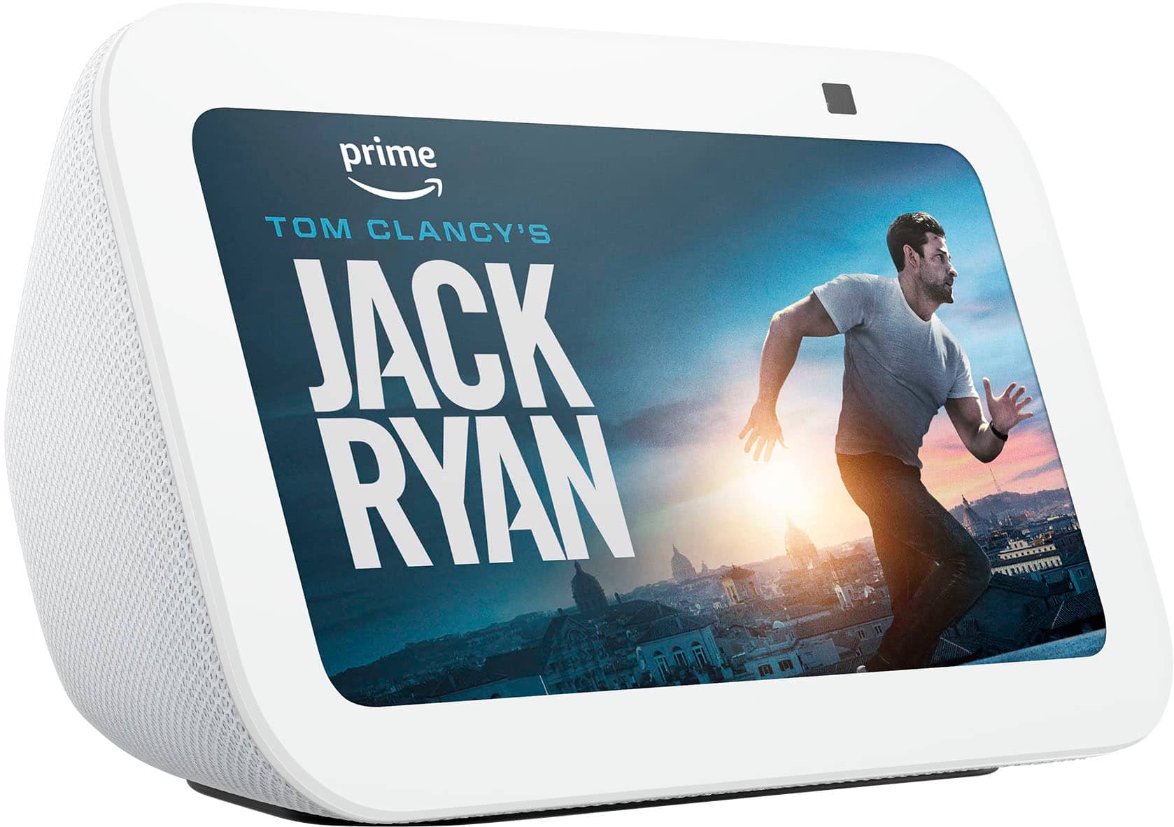 The text on the image is grouped and corrected as follows:
"All-new Echo Show 5: 'Alexa, show the front door.' Calendar, Smart Entertainment, Built-in Home Camera, Privacy Controls."