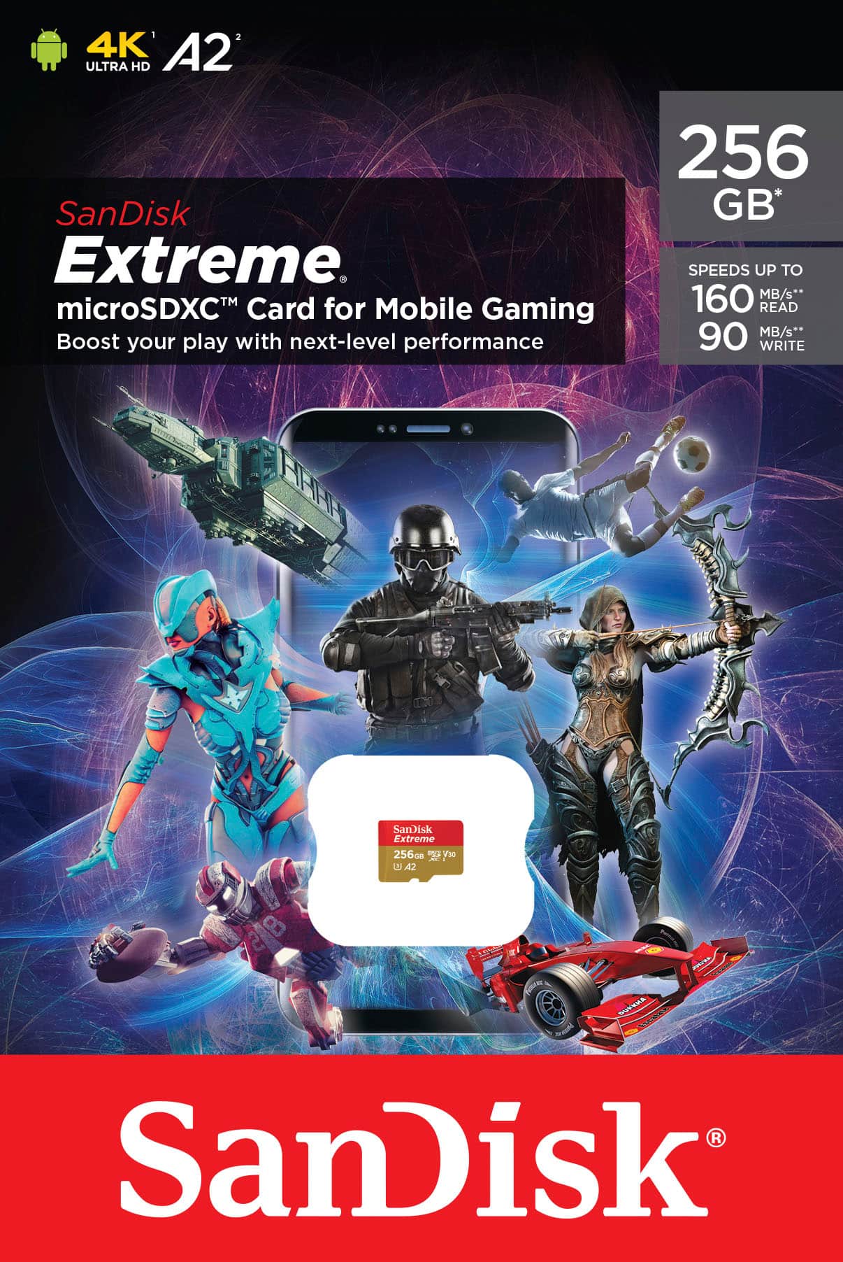 SanDisk Extreme microSDXC Card for Mobile Gaming: Boost your play with next-level performance. 256 GB storage. Speeds up to 160 MB/s read and 90 MB/s write.