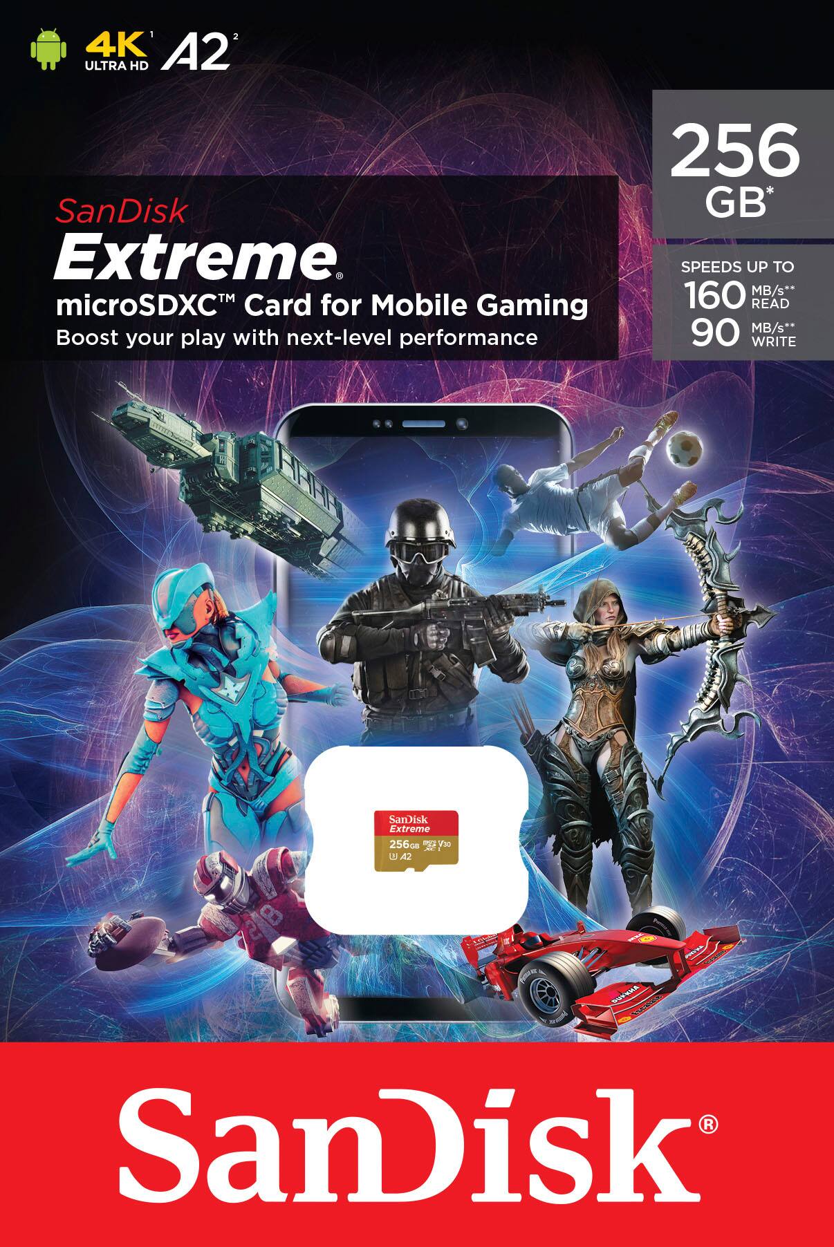 SanDisk Extreme microSDXC Card for Mobile Gaming: Boost your play with next-level performance. 256 GB storage. Speeds up to 160 MB/s read and 90 MB/s write.