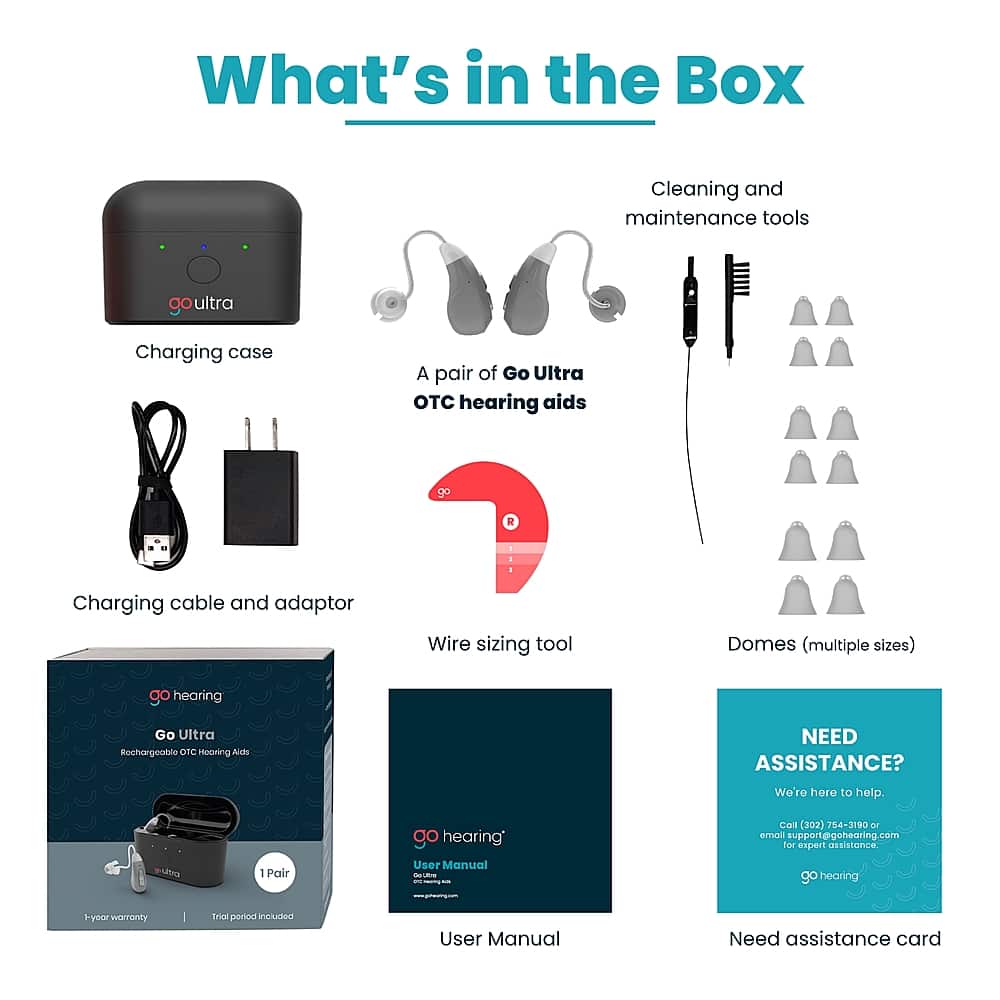 What's in the Box:
1. Cleaning and maintenance tools
2. Charging case
3. A pair of Go Ultra OTC hearing aids
4. Charging cable and adaptor
5. Wire sizing tool
6. Domes (multiple sizes)
7. Hearing aid user manual
8. Need assistance card
Go Ultra Hearing Aids:
1. Charging case
2. Charging cable and adaptor
3. Wire sizing tool
4. Domes (multiple sizes)
5. Hearing aid user manual
6. Need assistance card