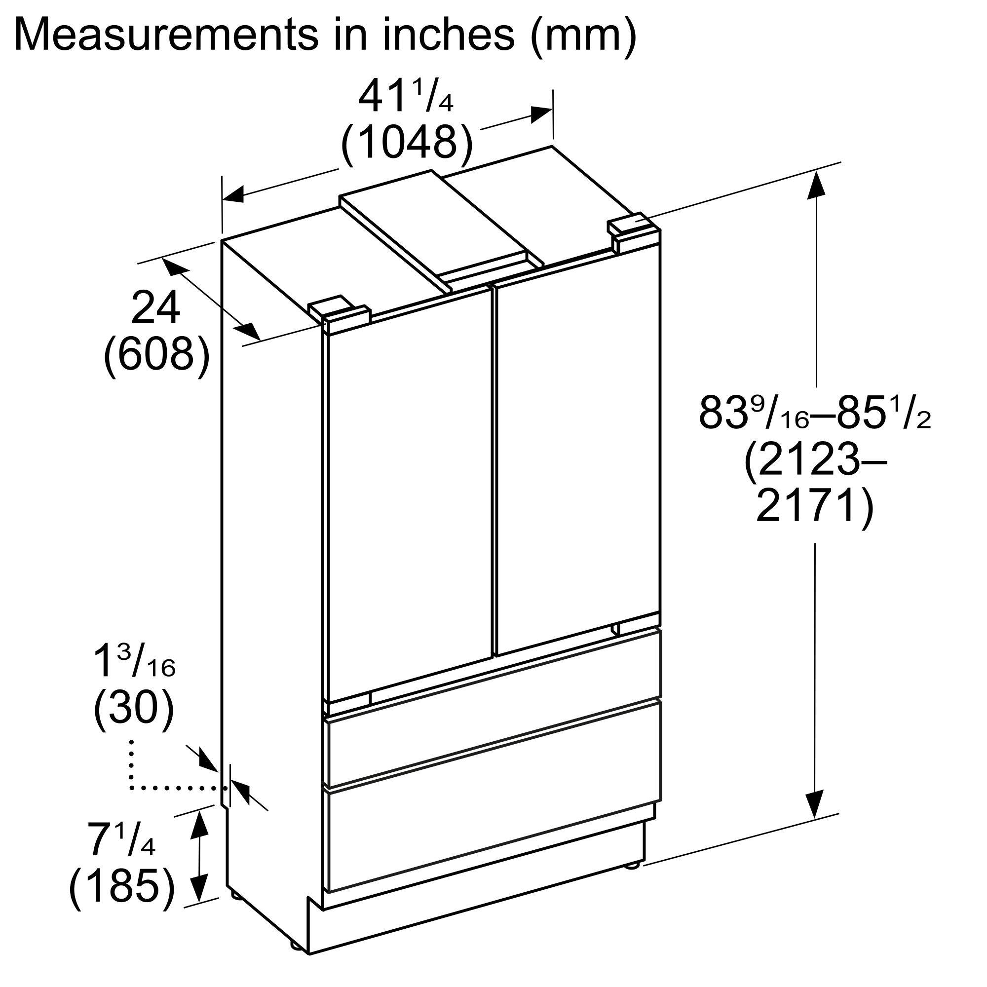 Measurements in inches (mm) 411/4 (1048) 24 (608) 83% 83%/16-851/2 (2123-2171) 13/16 (30) 71/4 (185)