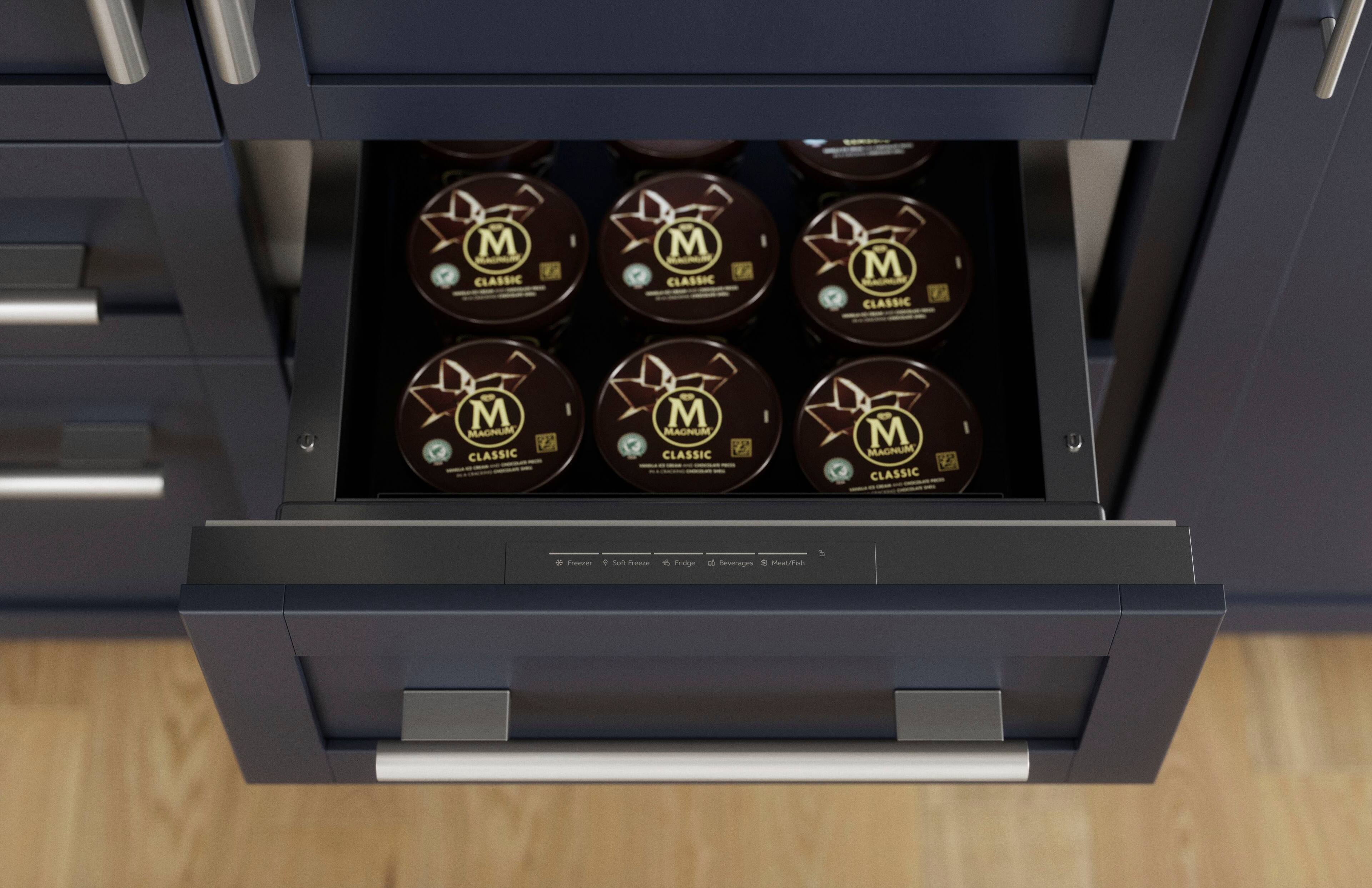 The image shows a refrigerator with a drawer open, revealing a total of 12 containers of Magnum Classic ice cream. The containers are neatly arranged in the drawer, making it an organized and visually appealing display. The refrigerator is designed to store beverages in the top section and meat or fish in the bottom section, providing a convenient and functional storage solution for various food items.
