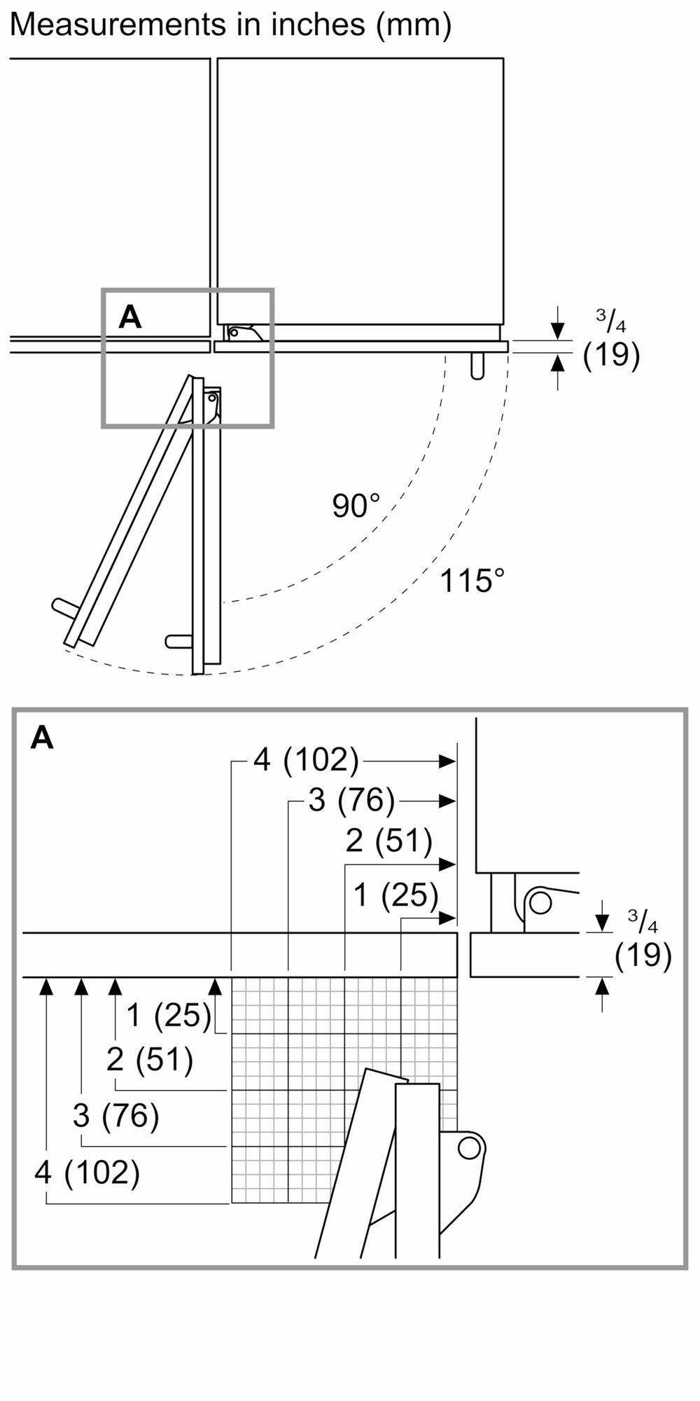 Measurements in inches (mm):

1. 3/4 (19) 90 115
2. 1 (25) 2 (51) 3 (76) 4 (102) 4 (102) 3 (76) 2 (51) 1 (25) 3/4 (19)