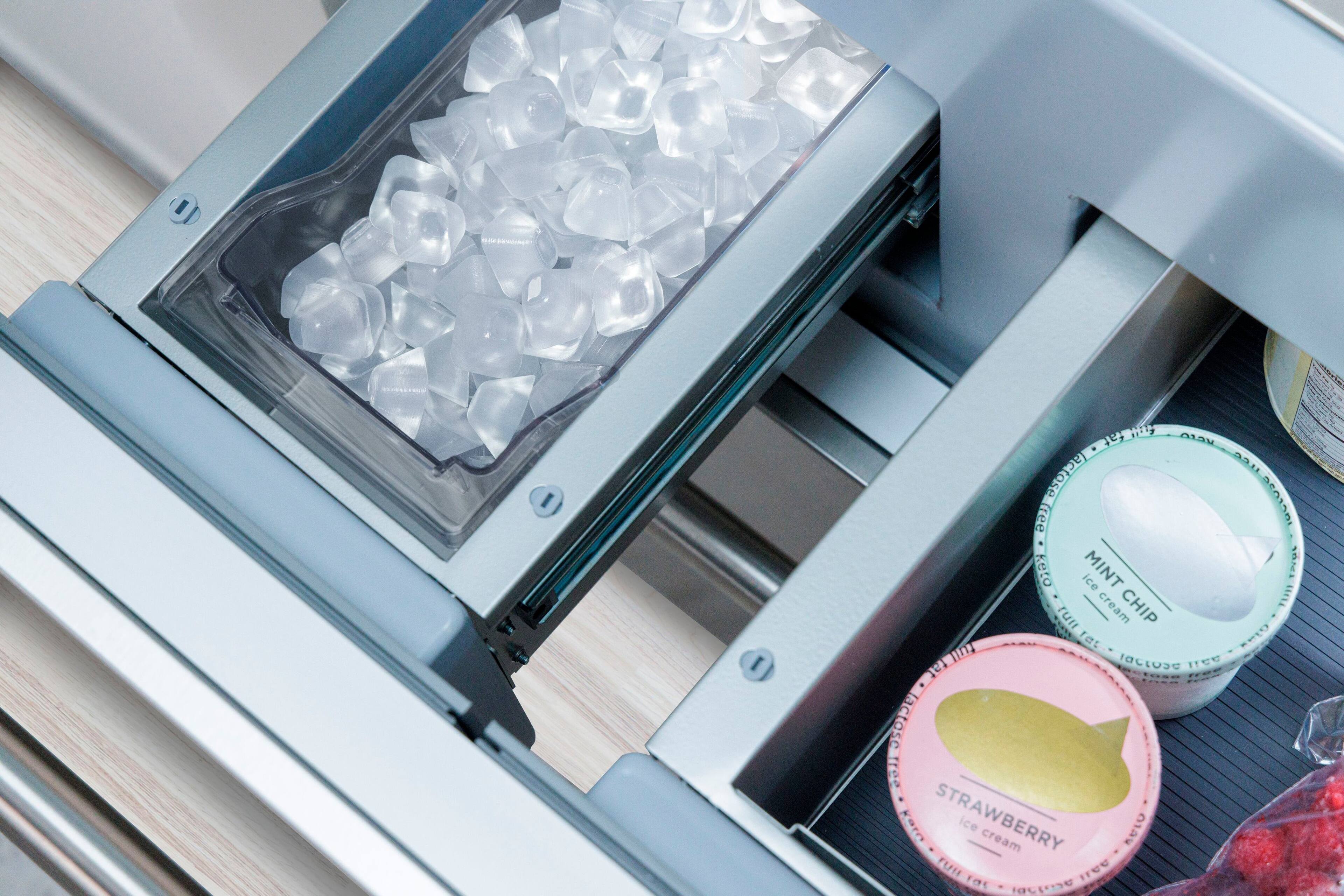 The text on the image reads: "Ice cream freezer with mint and ice cream chips. Fruit flavored fat-free ice cream and ice cream cups. Strawberry ice cream."