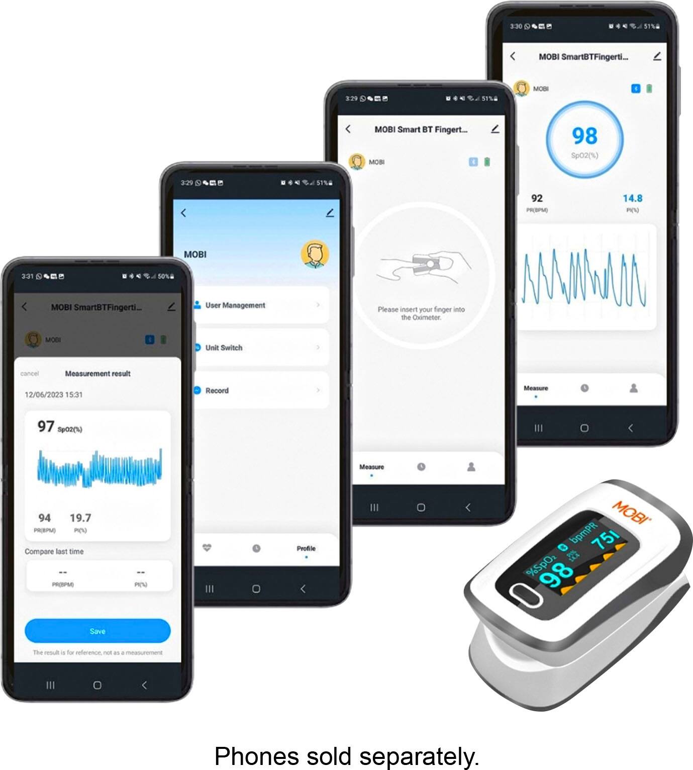 Left. MOBI - Smart OLED Fingertip Bluetooth Pulse Oximeter - White.