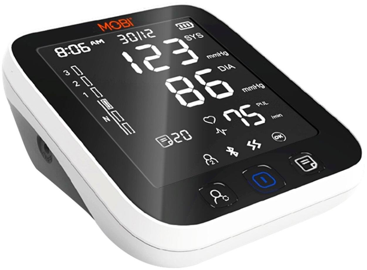 Left. MOBI - Smart Upper Arm Blood Pressure Monitor with Wide Range Cuff Size for iOS & Android Track 2 Users Heart Health - White.