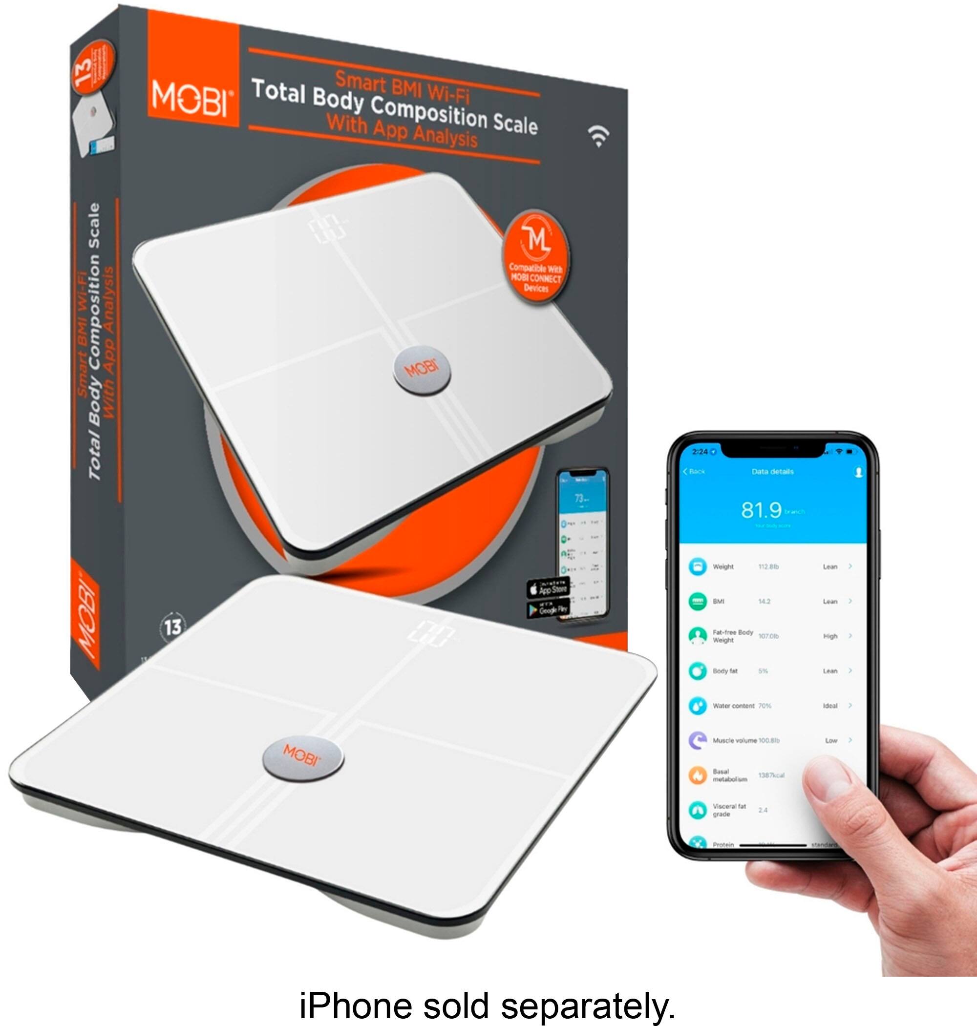 Left. MOBI - Smart Wi-Fi Digital Health Scale With 13 Point Total Body Composition Measurement Tracking App With Analysis - White.