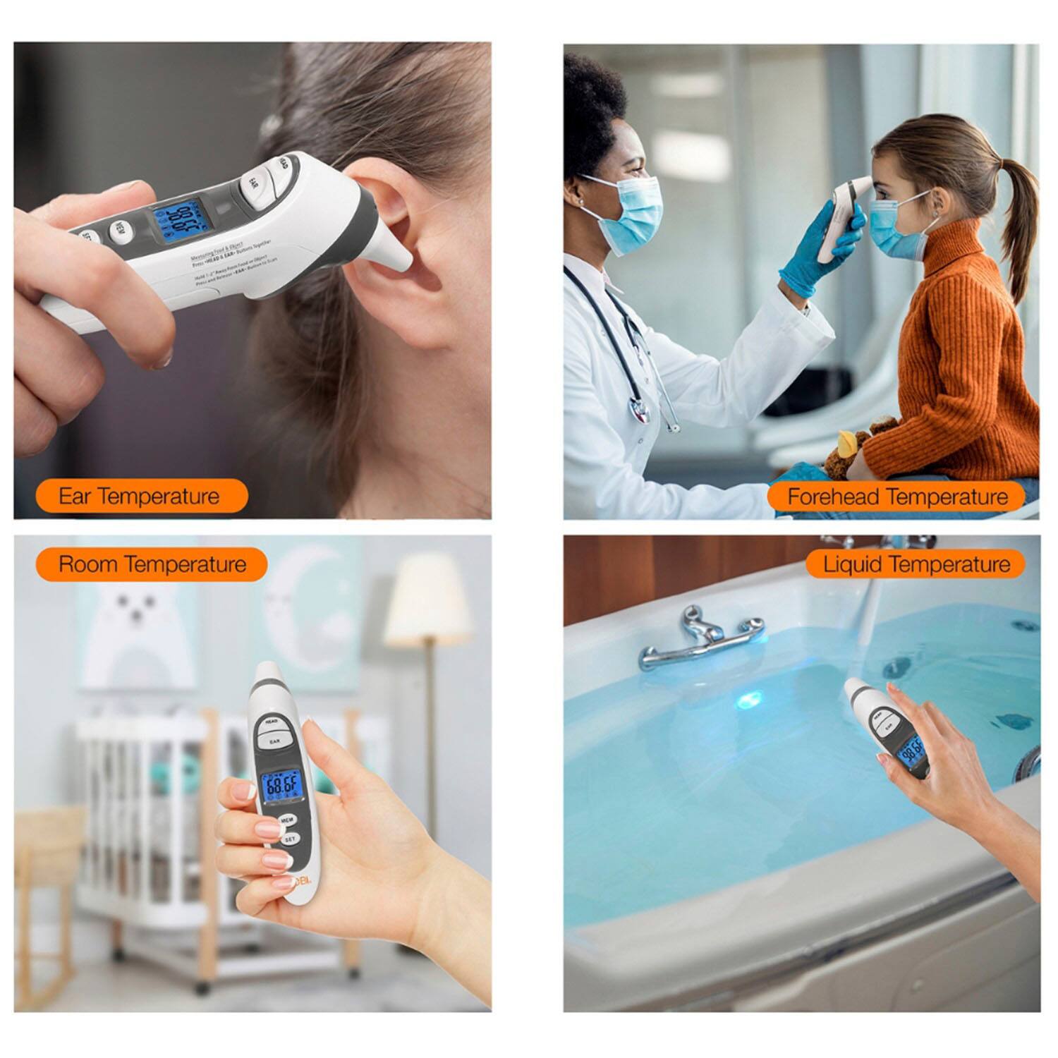 Angle. MOBI - DualScan Prime Health Thermometer with Fever Indicator for Ear, Forehead, Room, and Food Temperature Measurements - White.