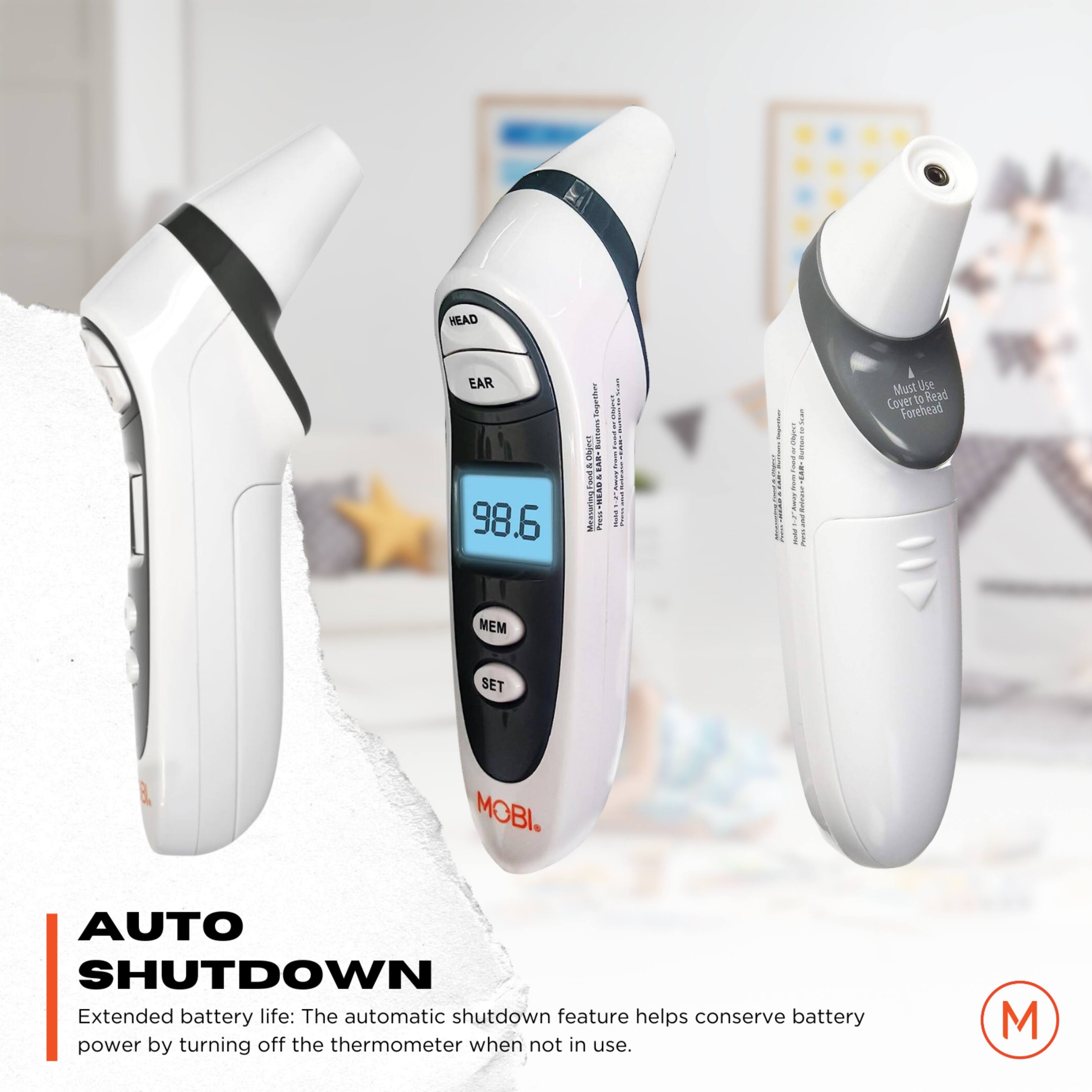 The image features three different thermometers, each with a unique design. The first thermometer is a white and black device with a black handle, while the second thermometer is a white and black device with a black handle and a blue screen. The third thermometer is a white and black device with a black handle and a blue screen. The image also includes a person in the background, and a bed can be seen in the room. The thermometers are displayed in a way that highlights their features and design, making it easy for potential buyers to compare and choose the one that best suits their needs.