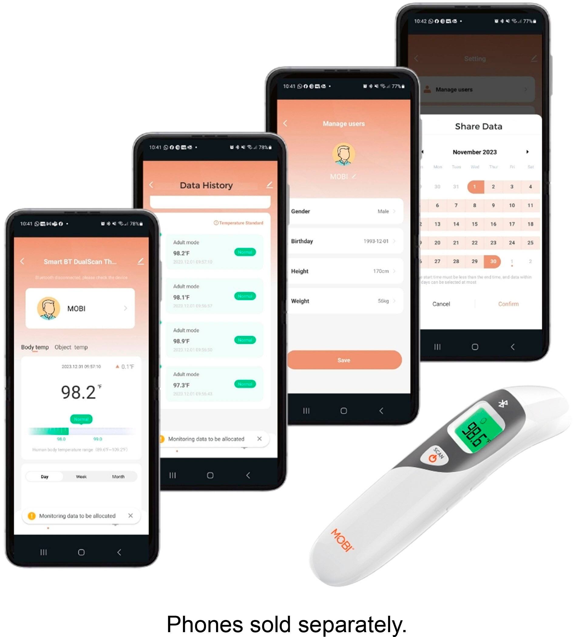 Angle. MOBI - Smart DualScan Color LCD Ear & Forehead Bluetooth Thermometer - White.