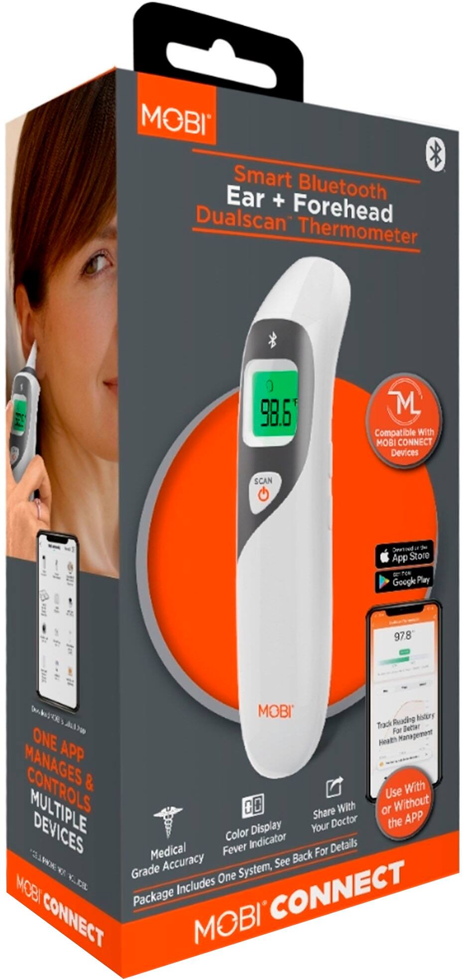 Alt View 14. MOBI - Smart DualScan Color LCD Ear & Forehead Bluetooth Thermometer - White.