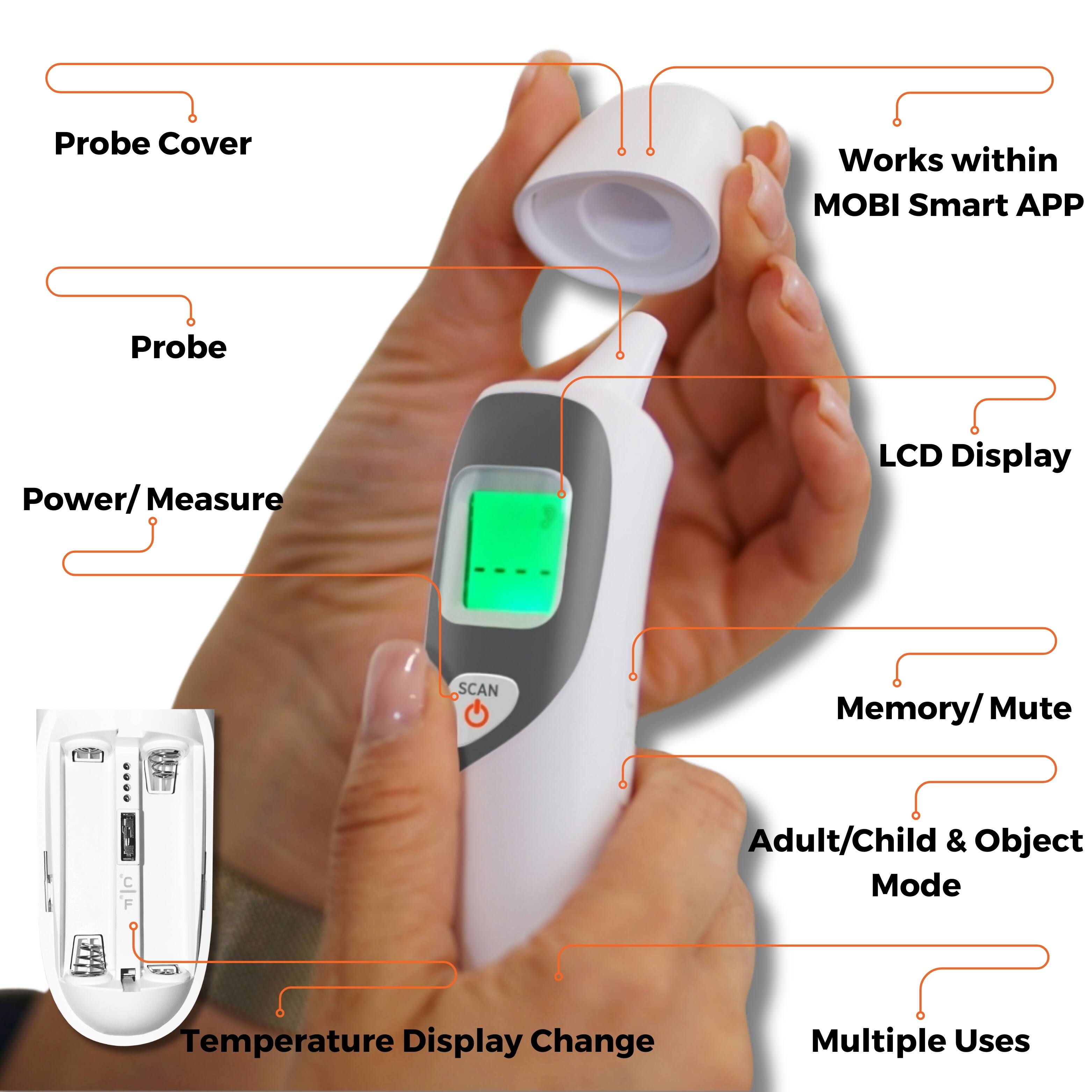 The image shows a person holding a thermometer with various labels and descriptions around it. The labels include "Probe Cover," "Works within MOBI Smart APP," "Probe Power/Measure," "LCD Display," "Memory/Mute," "Adult/Child & Object Mode," "Temperature Display Change," and "Multiple Uses." These labels provide information about the thermometer's features and functions.