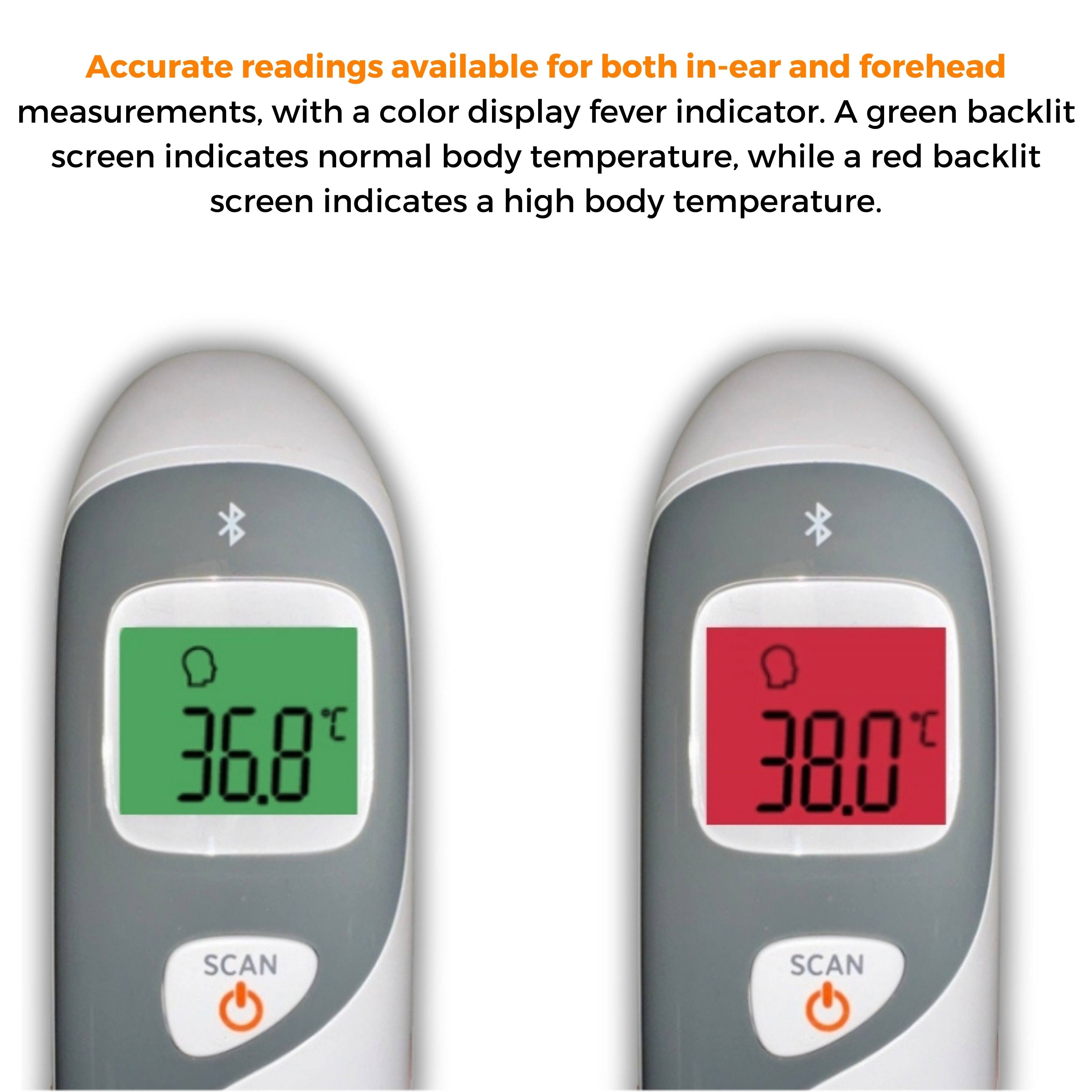 Accurate readings are available for both in-ear and forehead measurements, with a color display fever indicator. A green backlit screen indicates normal body temperature, while a red backlit screen indicates a high body temperature.