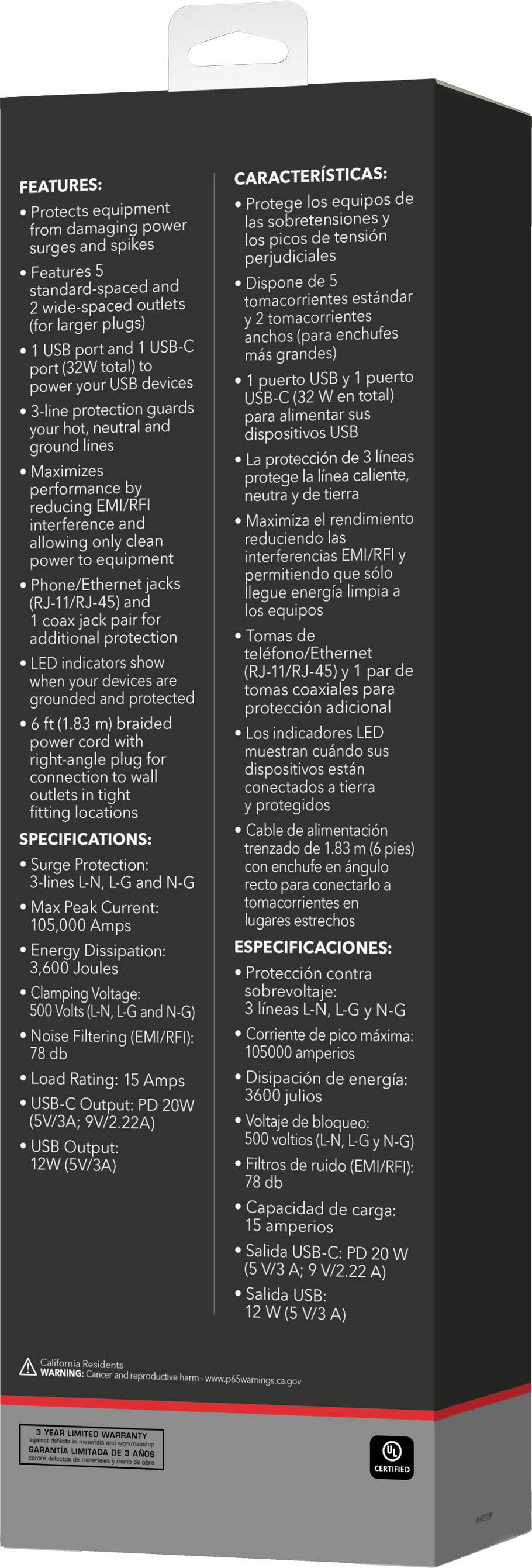 Alt View 17. Rocketfish™ - 7-Outlet/1-USB-C/1-USB 3,600 Joules Surge Protector - Black.