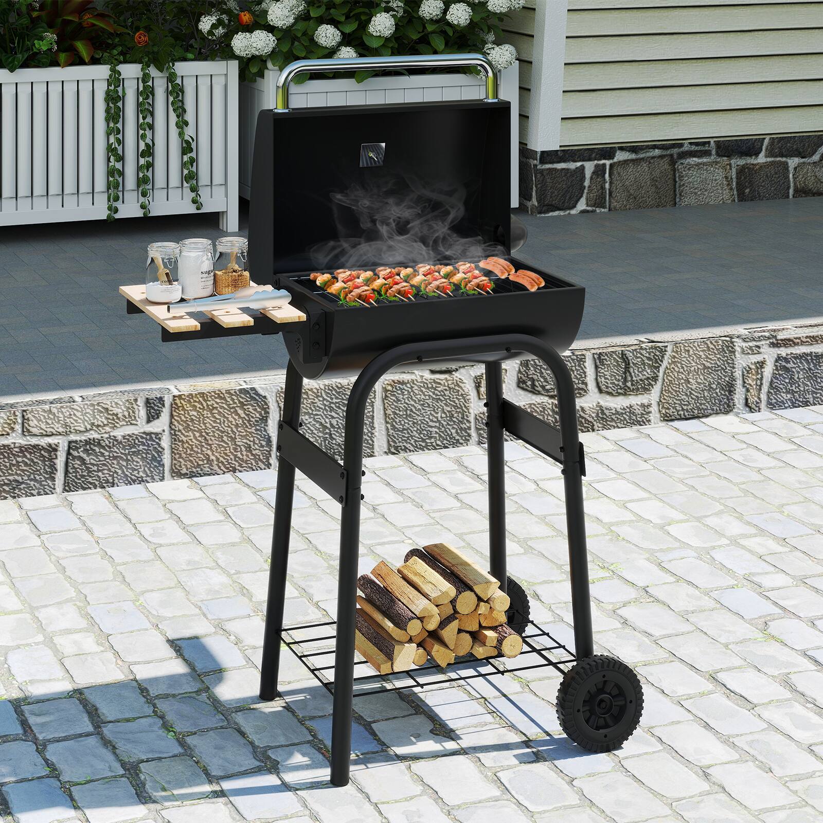 Alt View 4. Gymax - Gymax Barrel Charcoal Grill w/Foldable Side Table Built-in Thermometer & Storage Shelf - Black.