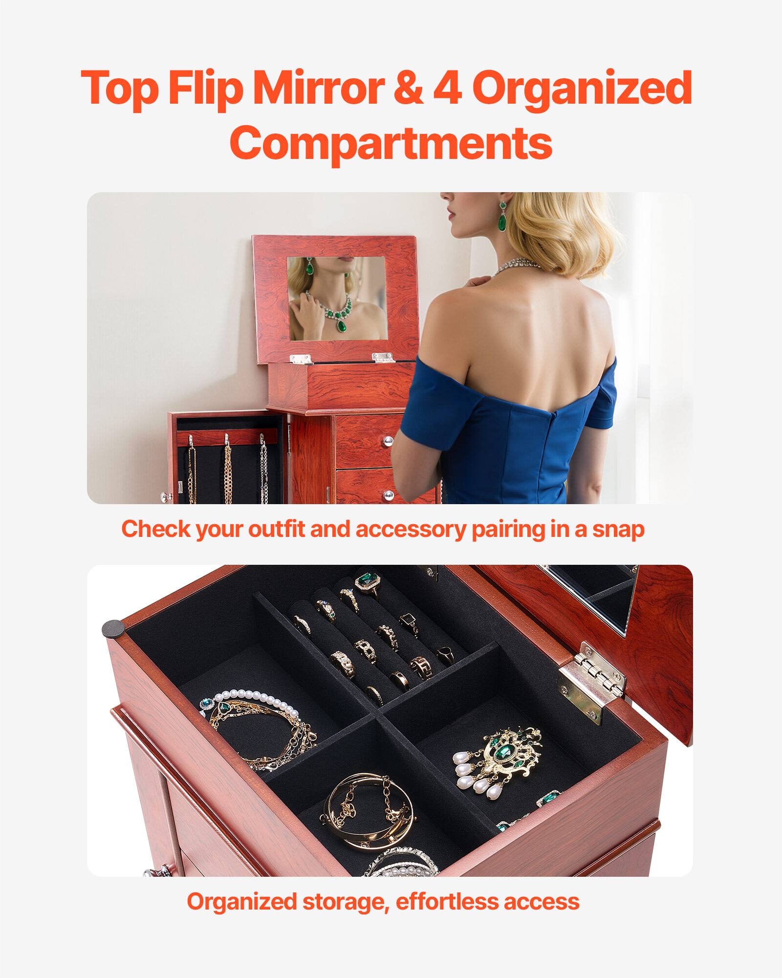 Top Flip Mirror & 4 Organized Compartments

Check your outfit and accessory pairing in a snap

Organized storage, effortless access