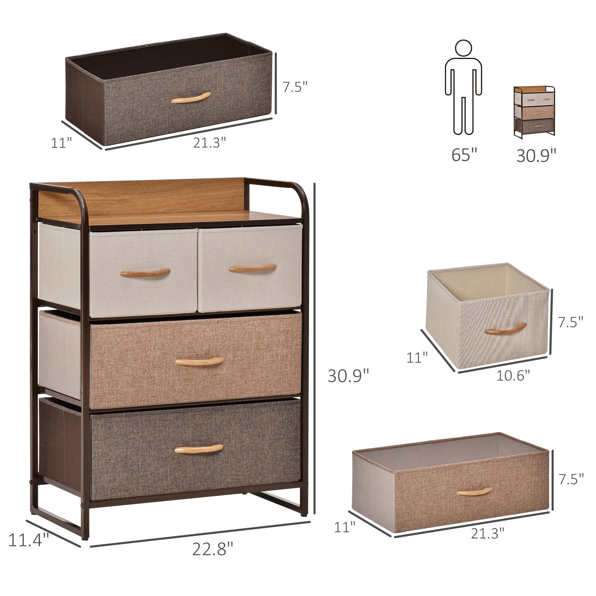 The text can be grouped as follows:

- Dimensions of the drawers:
  - 7.5"
  - 11"
  - 21.3"
  - 10.6"

- Dimensions of the desk:
  - 11.4"
  - 22.8"
  - 30.9"

- Height of the person:
  - 65"