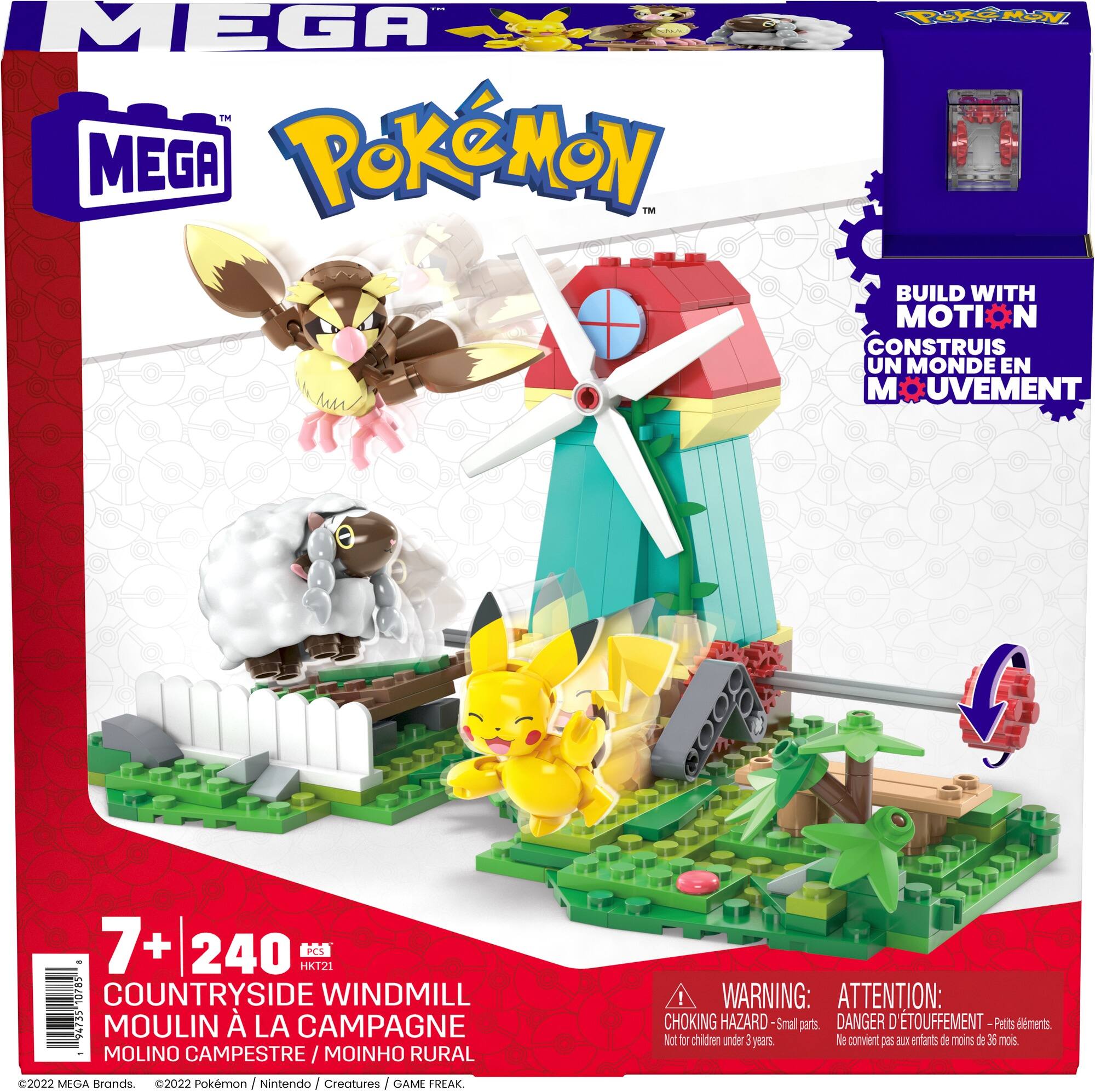 The image features a Pokemon building set, which includes a windmill, a sheep, and a dragon. The set is designed for children aged 7 and above, and it contains 240 pieces. The building set is made by Mega, and it encourages children to build and create their own world with motion. The set is a creative and engaging way for kids to develop their imagination and motor skills.