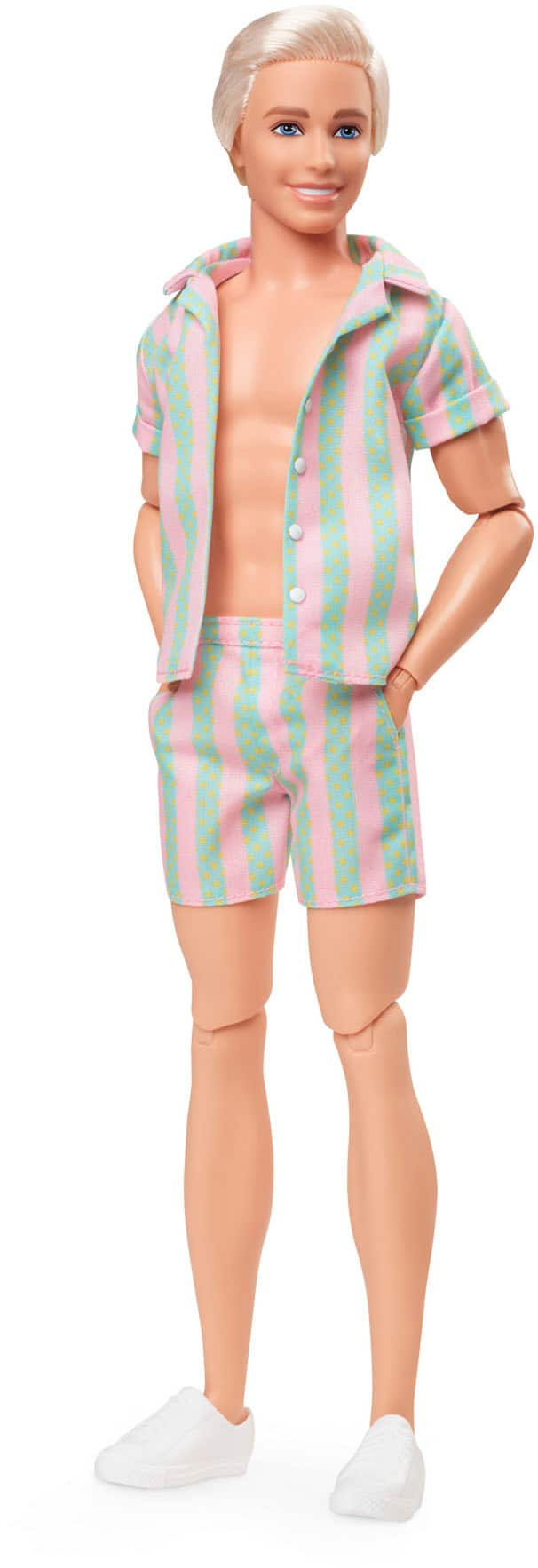  Barbie The Movie Ken Doll Wearing Pastel Pink and Green Striped  Beach Matching Set with Surfboard and White Sneakers : Toys & Games