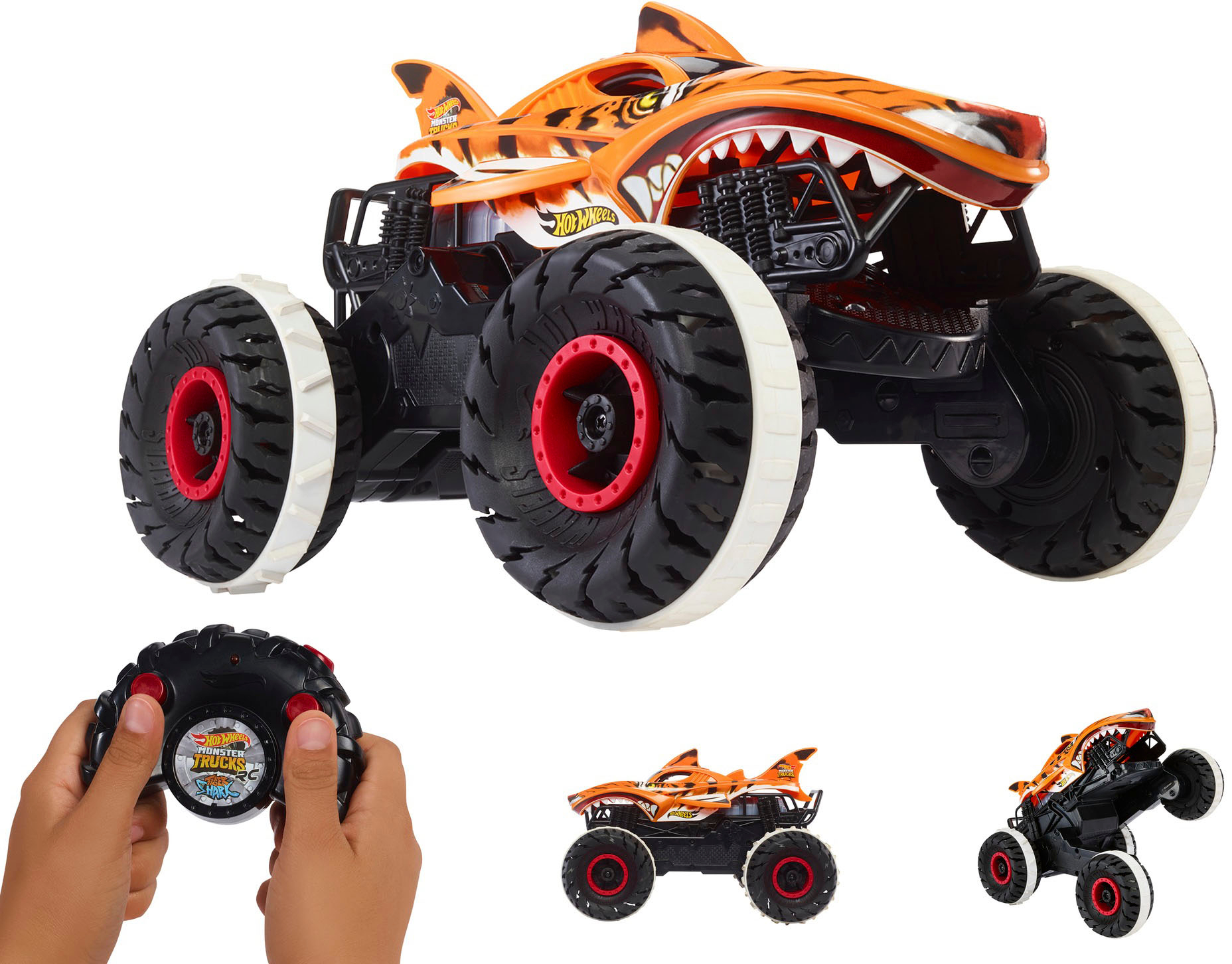 Left View: Hot Wheels - Monster Truck Unstoppable Tiger Shark Remote Control Vehicle