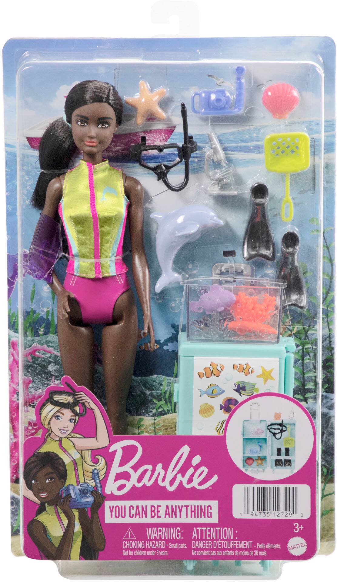 Left. Barbie - Marine Biologist Brunette 8.6" Doll and Playset - Multicolor.
