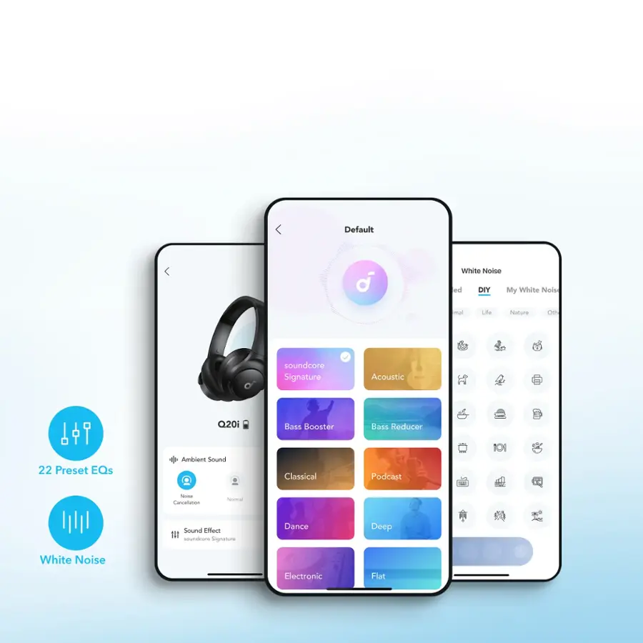 The image features three cell phones, each displaying different settings for headphones and headsets. The largest text reads "Default d White Noise ed DIY My White Nois imal Lite Nature Ch soundcore Signature Acoustic Q20i Bass Booster Bass Reducer 22 Preset EQs Ambient Sound Classical Podcast - Cancatution Nora Sound Effect soundcore Signature Dance Deep White Noise Electronic Flat." The other two cell phones display similar settings, but with different variations. The image showcases the various customizable options available for headphones and headsets, allowing users to personalize their listening experience.