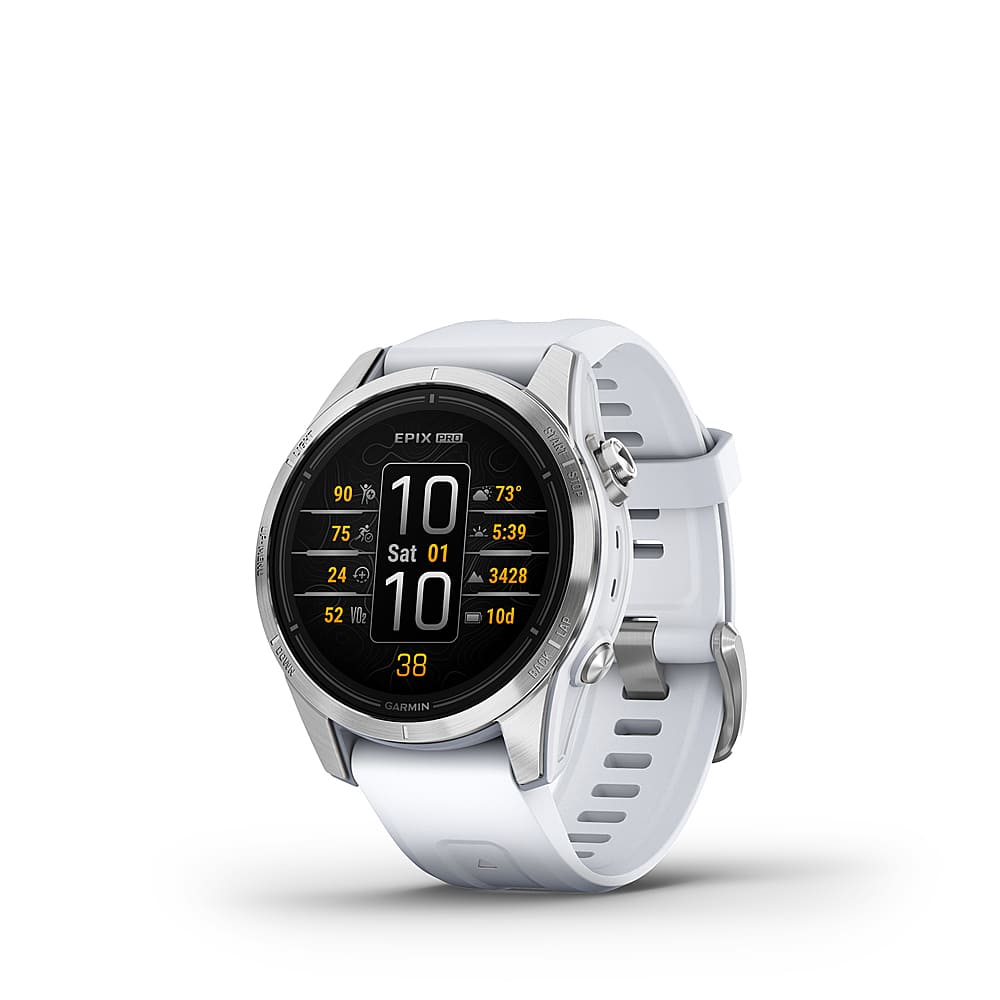 Front. Garmin - epix Pro (Gen 2) Standard Edition 42mm Fiber-Reinforced Polymer - Silver with Whitestone Band.