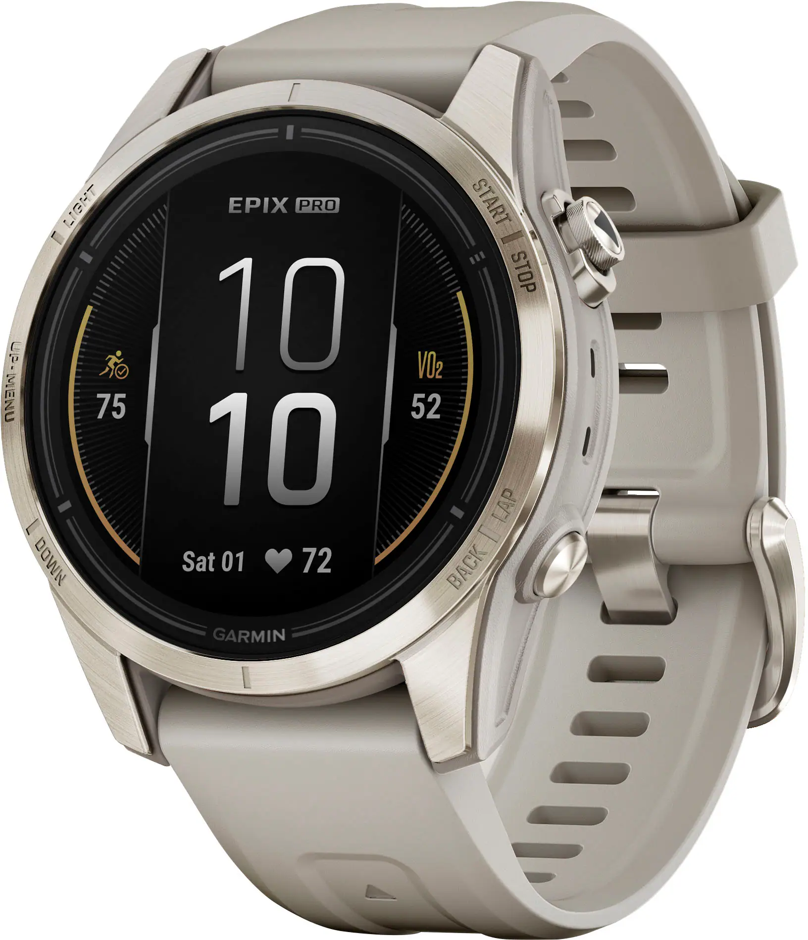Front. Garmin - epix Pro (Gen 2) Sapphire Edition 42mm Fiber-Reinforced Polymer - Soft Gold with Light Sand Band.