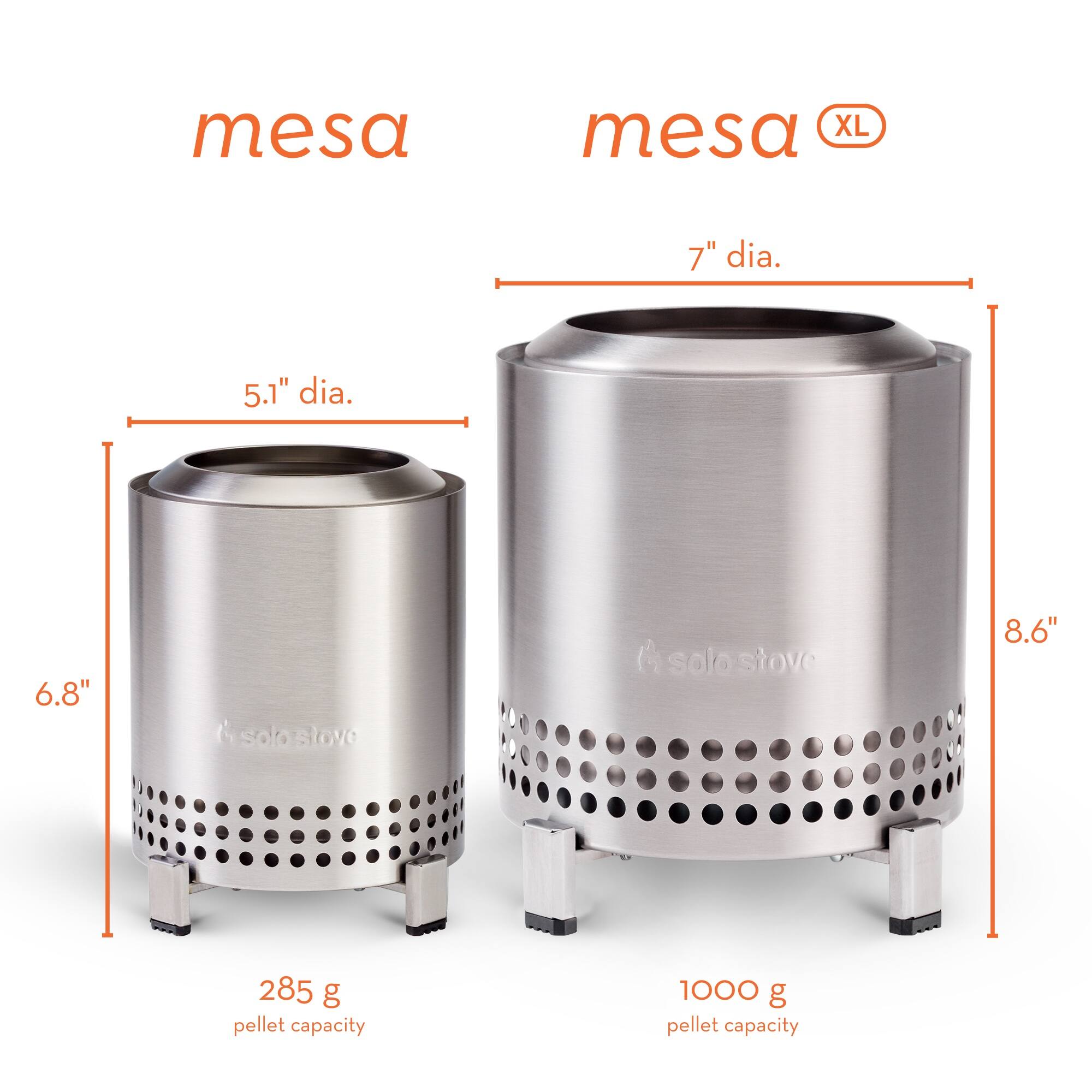 The image features two silver fire pits, one larger and one smaller. The larger fire pit is labeled "mesa mesa XL" and has a diameter of 7 inches. The smaller fire pit is labeled "solo stove" and has a diameter of 5.1 inches. Both fire pits are designed for pellet capacity, with the larger fire pit having a capacity of 1000 grams and the smaller fire pit having a capacity of 285 grams.