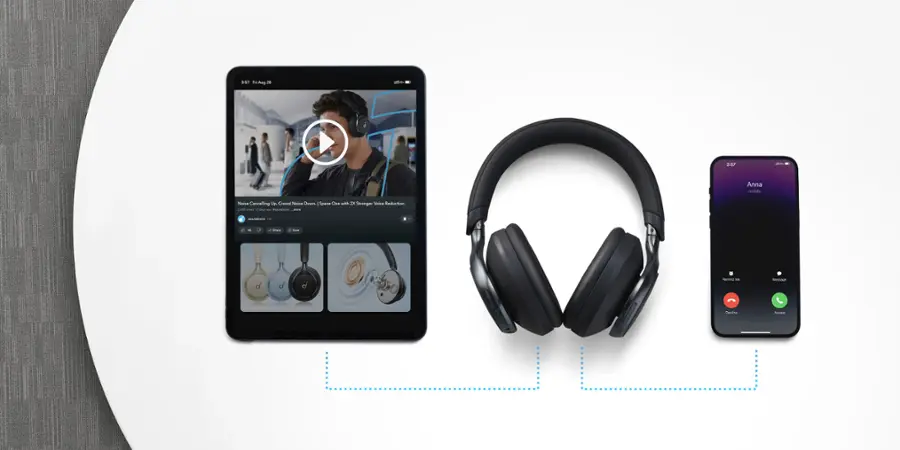 The image shows a variety of electronic devices, including a cell phone, a tablet, and a pair of headphones. The headphones are connected to the tablet and the cell phone, indicating that they are being used in conjunction with these devices. The tablet and cell phone are also connected to each other, suggesting that they may be sharing data or synchronizing information. The presence of these devices in the image highlights the increasing reliance on technology in our daily lives.