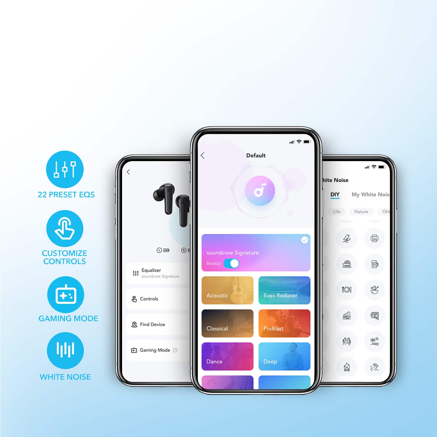 The image features a cell phone with a customizable equalizer app on the screen. The app offers various preset EQs, including Default, White Noise, and My White Noise, as well as customizable controls for users to personalize their listening experience. The app also includes a Gaming Mode, which enhances the audio quality for gaming purposes. The cell phone is placed in front of a white background, highlighting the app's interface.