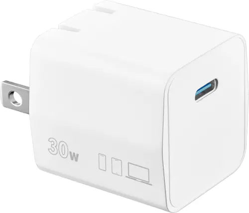 Front. Insignia™ - 30W USB-C Foldable Wall Charger for iPhone 15/14/13/12 Series, Samsung Smartphones, iPad, MacBook Air, Tablets and More - White.