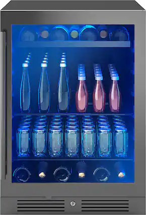 Front. Zephyr - Presrv 24 in. 7-Bottle and 112-Can Built-In or Freestanding Single Zone Beverage Cooler - Black Stainless Steel.
