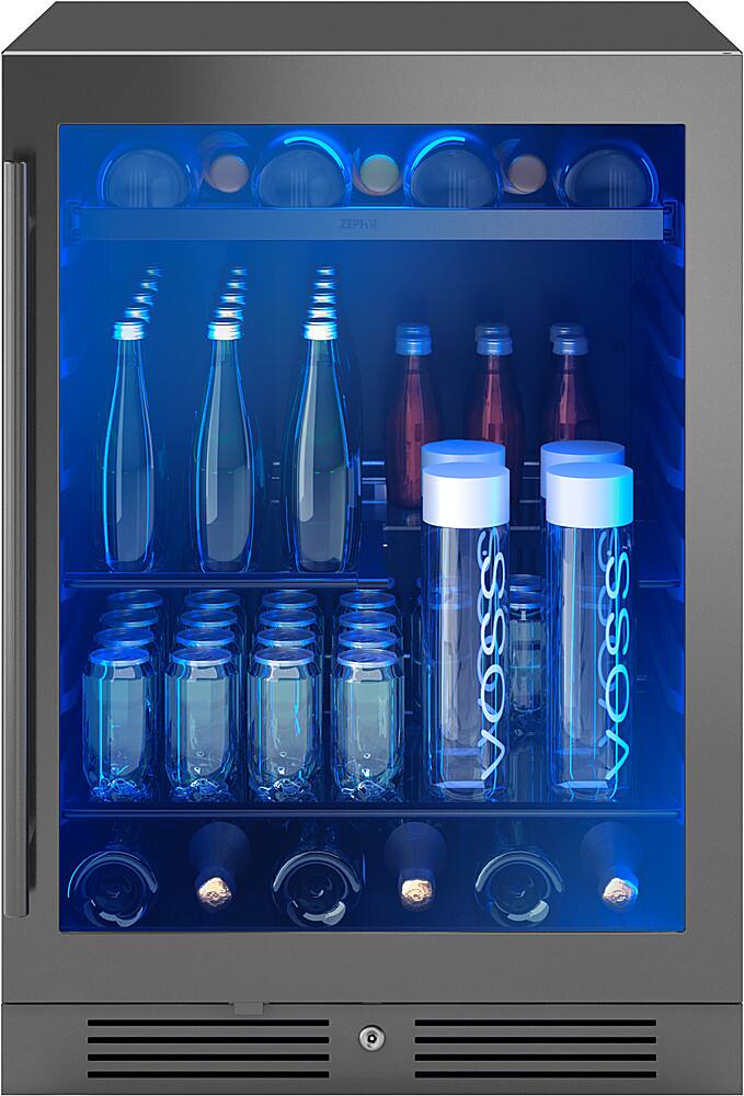 Left. Zephyr - Presrv 24 in. 7-Bottle and 112-Can Built-In or Freestanding Single Zone Beverage Cooler - Black Stainless Steel.