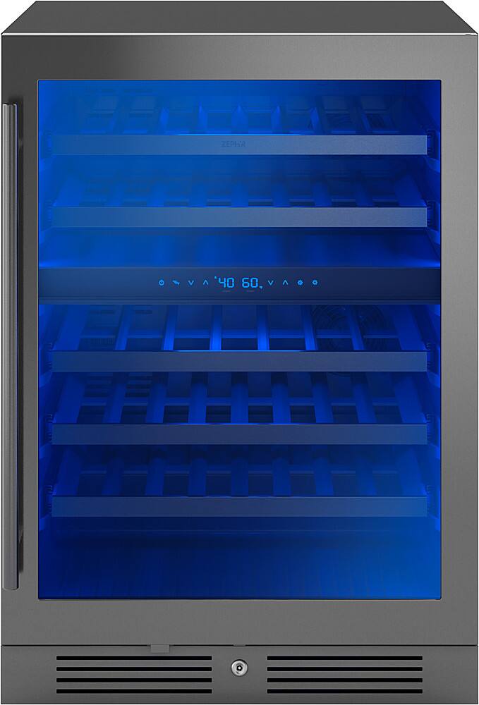 Angle. Zephyr - Presrv 24 in. 45-Bottle Built-In or Freestanding Dual Zone Wine Cooler - black stainless steel.