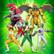 The image features a group of action figures, including Power Rangers and a T-Rex, posed in various positions. The figures are arranged in a way that showcases their unique characteristics and abilities. The Power Rangers are standing in a row, while the T-Rex is positioned in the background. The figures are displayed on a green background, which complements the vibrant colors of the action figures.