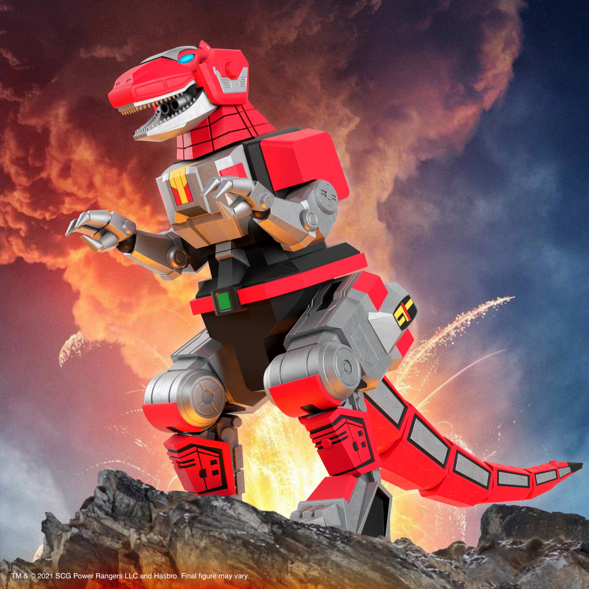 The image features a large red and black robotic dinosaur, which appears to be a toy or action figure. The toy is standing on a rocky surface, possibly a mountain, and is surrounded by an explosive background. The toy is designed to resemble a T-Rex, a popular dinosaur species. The image captures the action and excitement of the toy in a dynamic setting.