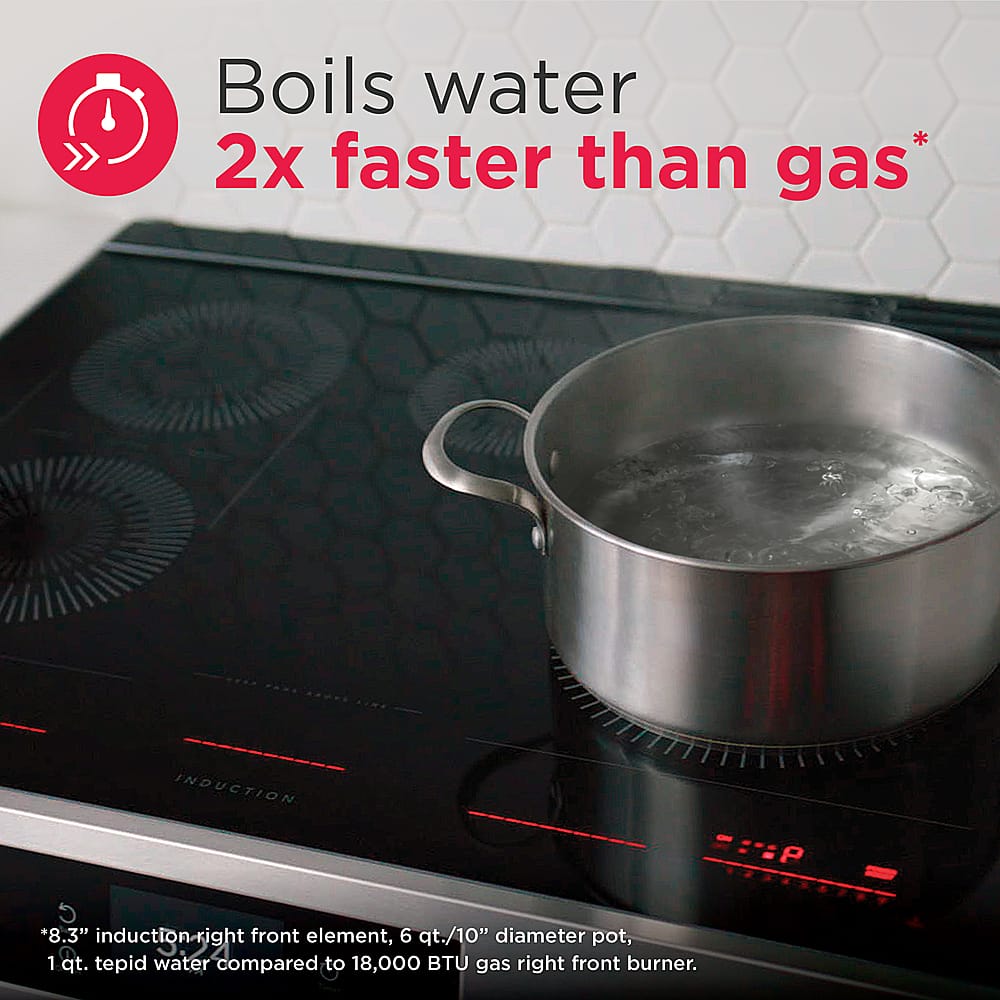 Boils water 2x faster than gas* INDUCTION: 5*8.3" induction right front element, 6 qt./10" diameter pot, 1 qt. tepid water compared to 18,000 BTU gas right front burner.