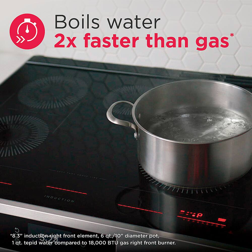 Boils water 2x faster than gas* INDUCTION: 5*8.3" induction right front element, 6 qt./10" diameter pot, 1 qt. tepid water compared to 18,000 BTU gas right front burner.