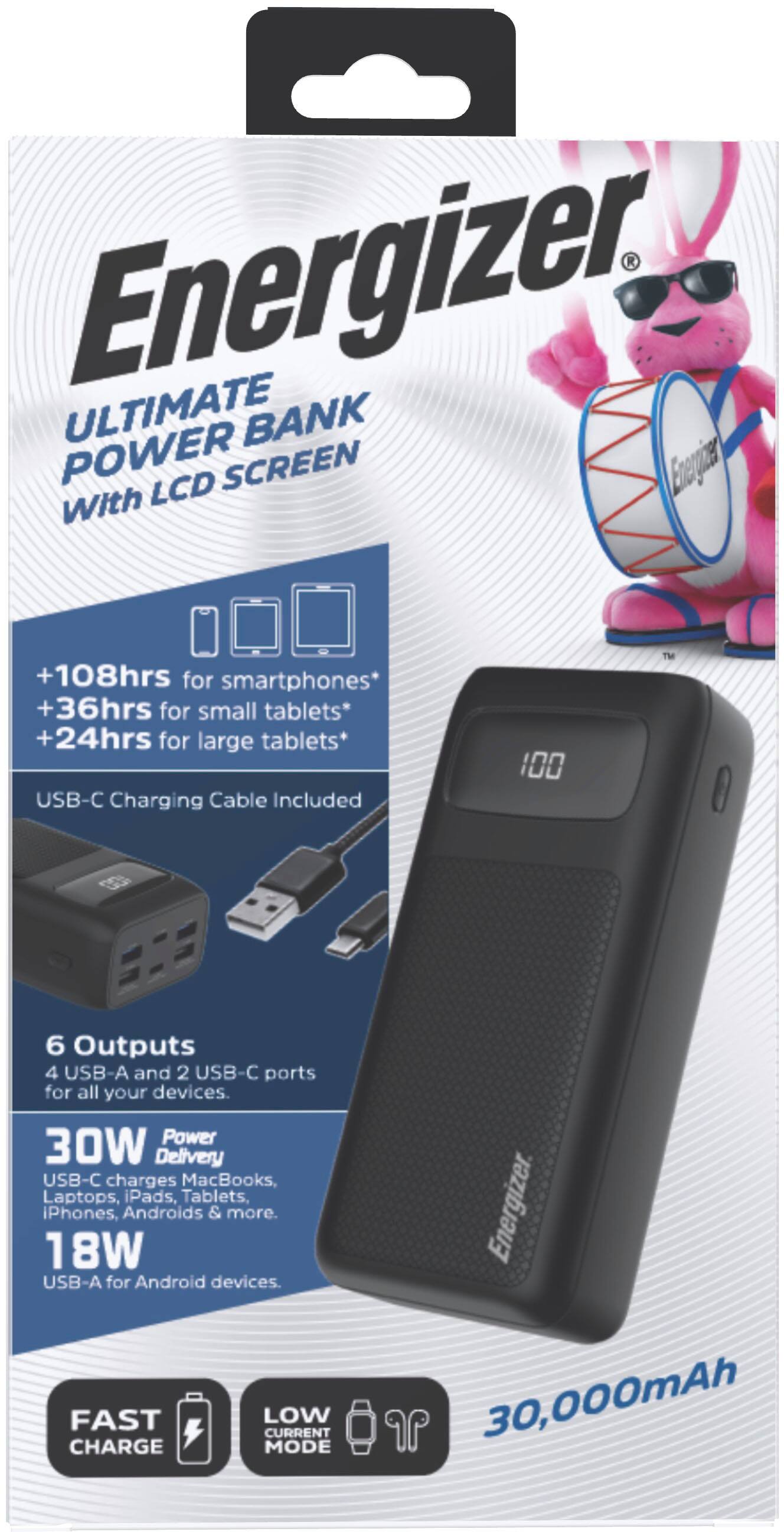 Alt View 19. Energizer - Ultimate Lithium 30,000 mAh 30W PD USB-C Universal Portable Battery Charger/Power Bank with 6 Ports and LCD Display - Black.