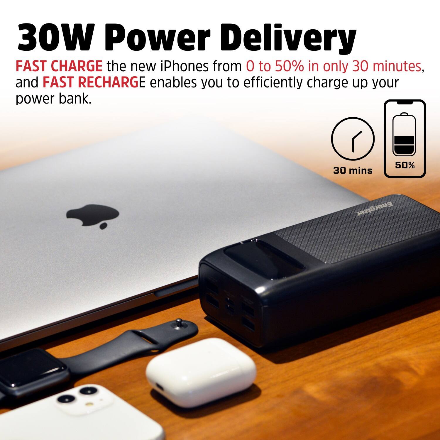 30W Power Delivery: Fast Charge the new iPhones from 0 to 50% in just 30 minutes, and Fast Recharge enables you to efficiently charge up your power bank. 30 mins 50% Energizer.
