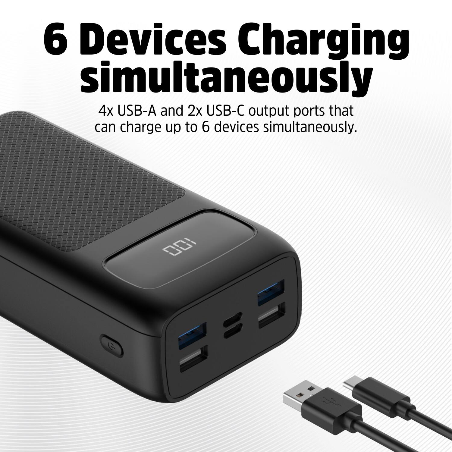 6 Devices Charging Simultaneously: 4x USB-A and 2x USB-C output ports that can charge up to 6 devices simultaneously.