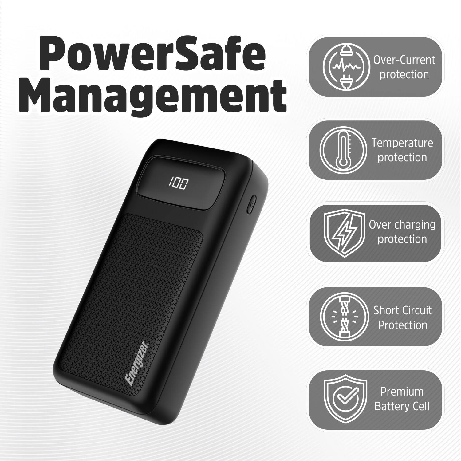 PowerSafe Management: Over-Current protection, Temperature protection, Over-Charging protection, Short Circuit protection, Premium Battery Cell.