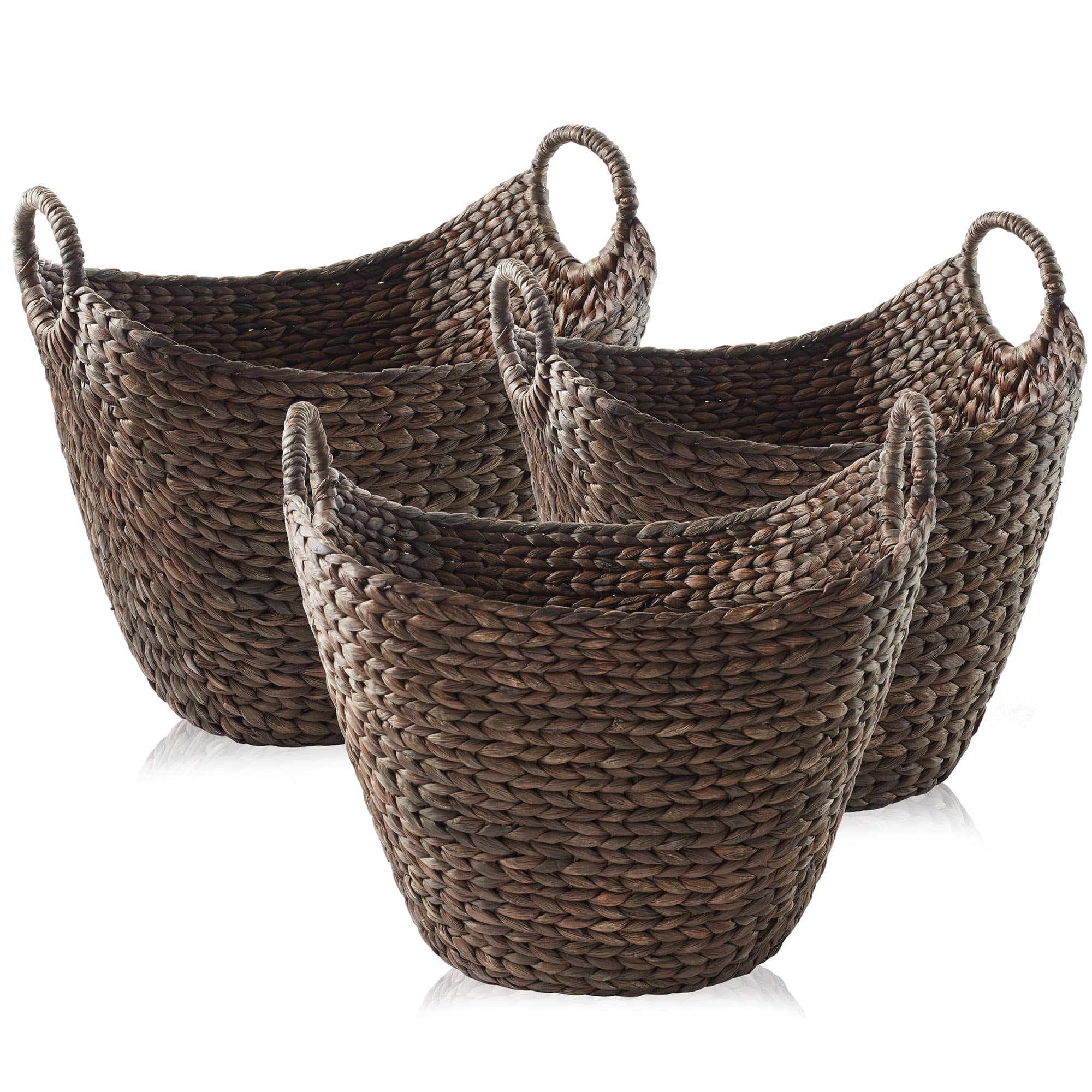Casafield - Set of 3 Water Hyacinth Storage Boat Baskets - Woven Laundry Tote Bins - Espresso