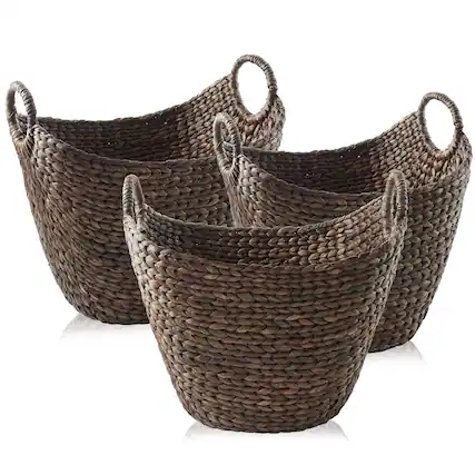 Front. Casafield - Set of 3 Water Hyacinth Storage Boat Baskets - Woven Laundry Tote Bins - Espresso.