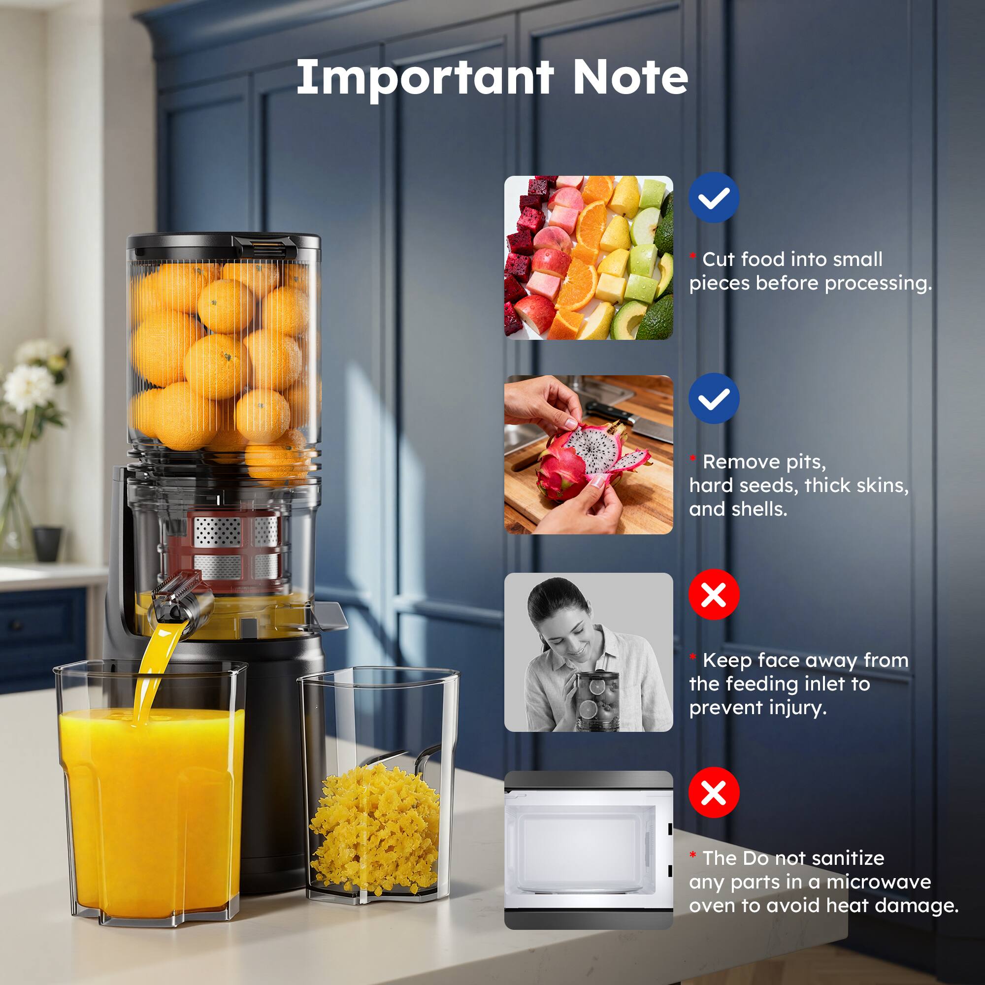 Important Note

- Cut food into small pieces before processing.
- Remove pits, hard seeds, thick skins, and shells.
- Keep face away from the feeding inlet to prevent injury.
- Do not sanitize any parts in a microwave oven to avoid heat damage.