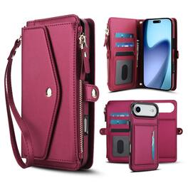 Dteck - Crossbody RFID Blocking Zipper Wallet Card For iPhone Air (2025) Handbag Magnetic Kickstand Wrist Strap Case - Red