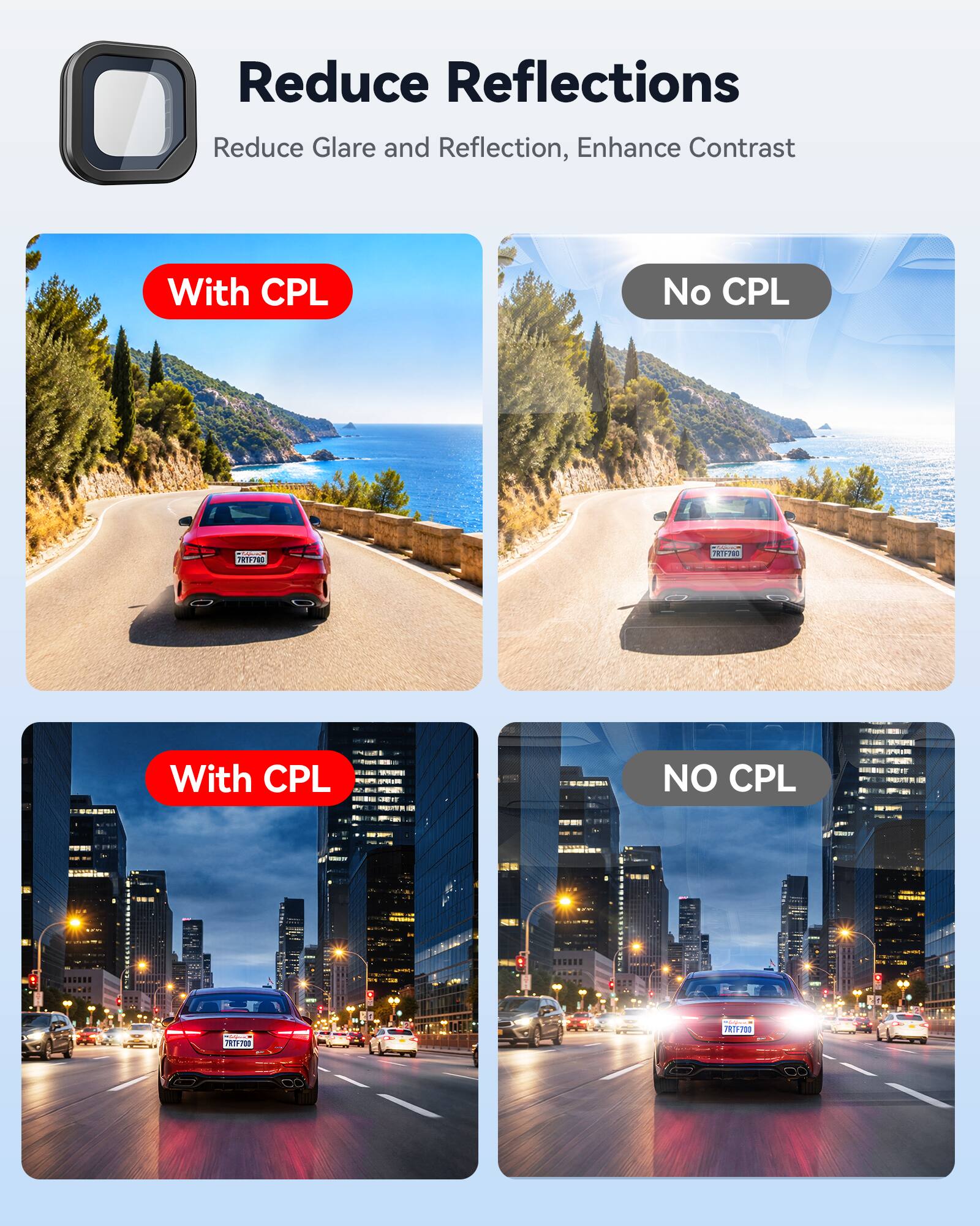 Reduce Reflections  
Reduce Glare and Reflection, Enhance Contrast  
With CPL  
No CPL